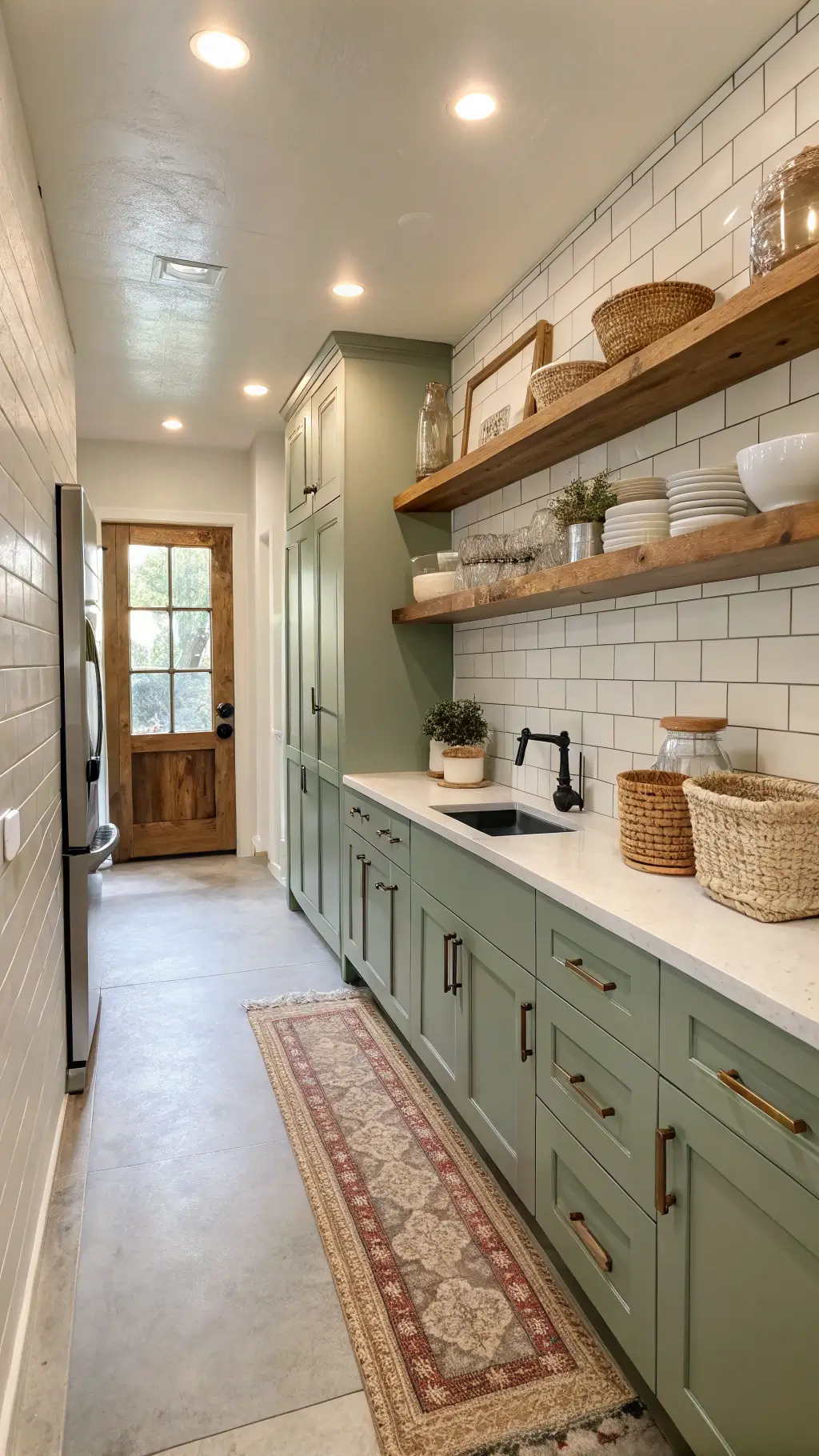 Cozy 8x14ft galley kitchen with sage green cabinets, white subway tile backsplash, floating wooden shelves, and vintage runner on concrete floor, bathed in golden hour light.
