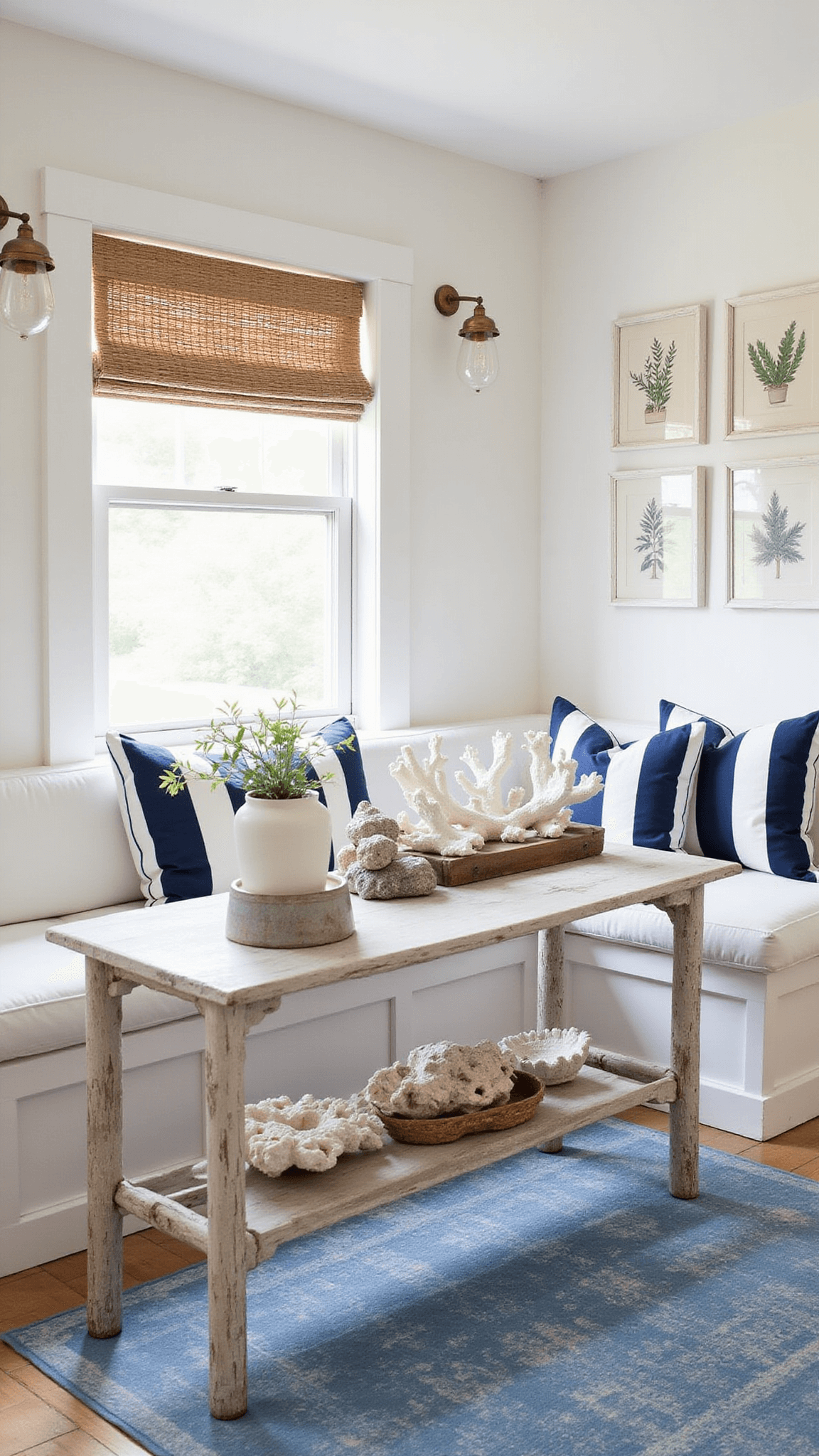 Coastal breakfast nook turned casual living space with white linen banquette, navy pillows, rustic table, coral decor, brass sconces, botanical gallery wall, woven shade, and blue vintage rug.