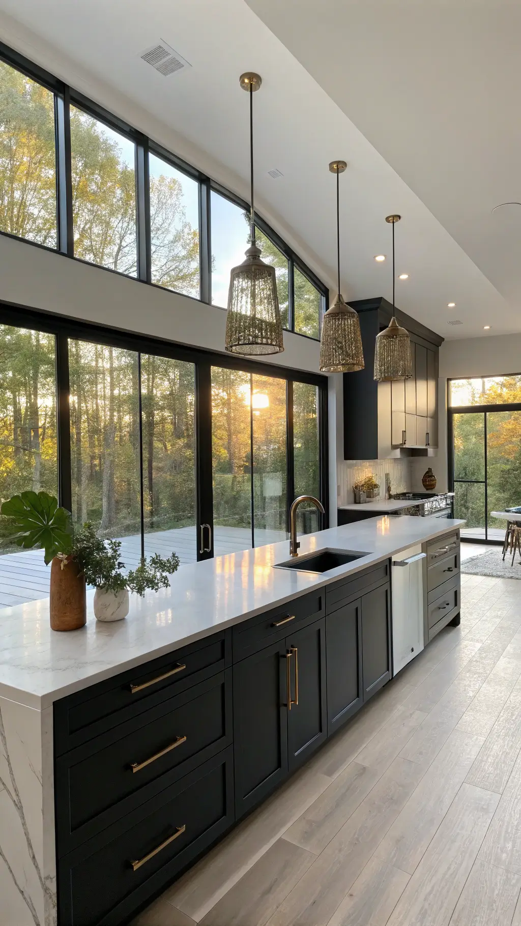 Contemporary kitchen with matte black cabinets, white quartz countertops, brass pendant lights, and oak flooring illuminated by golden hour sunlight.