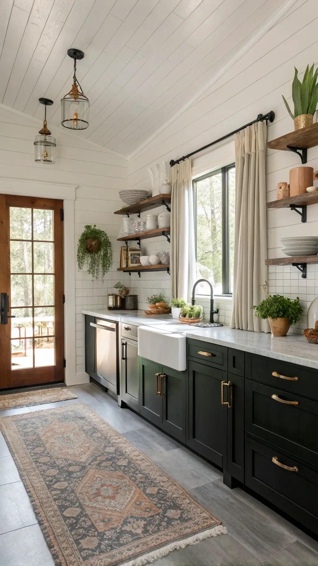 Cozy 10x12ft modern farmhouse kitchen with black shaker cabinets, white shiplap walls, soapstone counters, brass hardware, open shelves with pottery, herbs in copper pots, and sage green Dutch door.