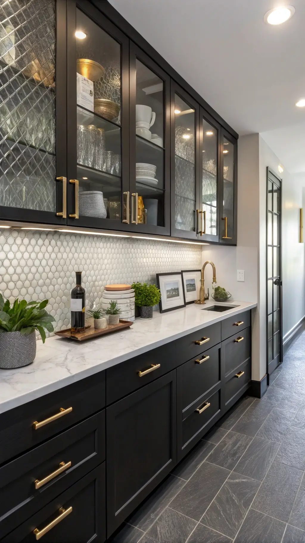 Stylish 8x10ft galley kitchen with black cabinets, textured glass uppers, mirrored backsplash, brass accents, white countertops, and charcoal hex tile floor.