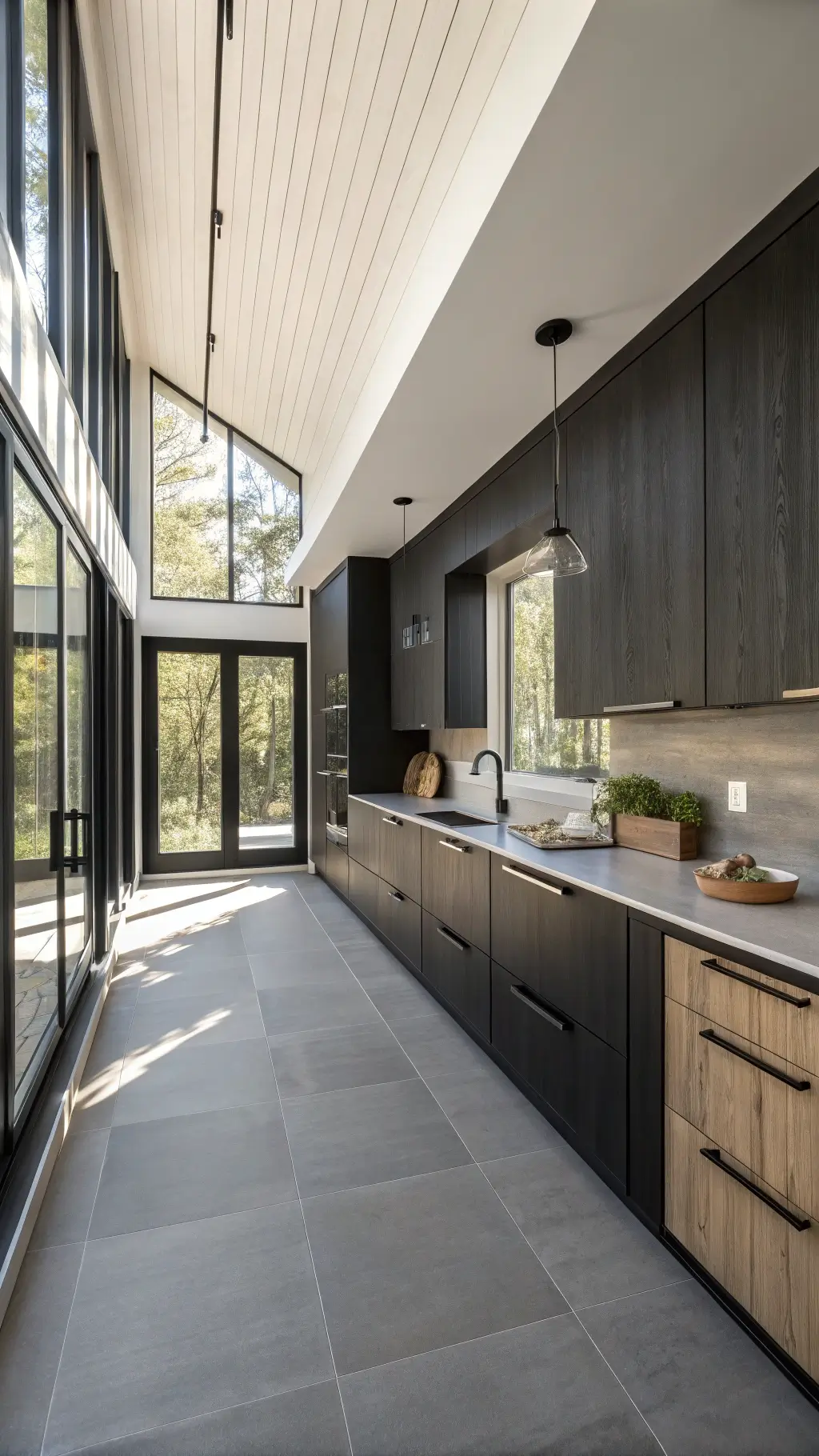 Scandinavian noir kitchen with black oak cabinets, pale limestone surfaces, and steel-framed windows casting dawn shadows.