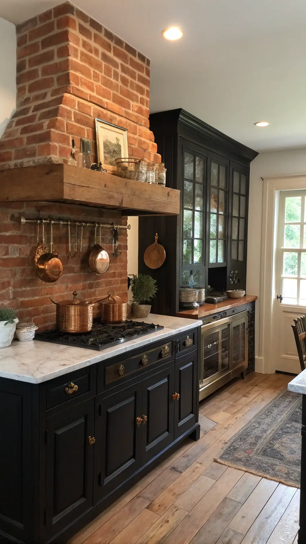 Vintage-style kitchen with black beadboard cabinets, brick chimney, brass hardware, and marble-topped butcher block island in warm afternoon light.