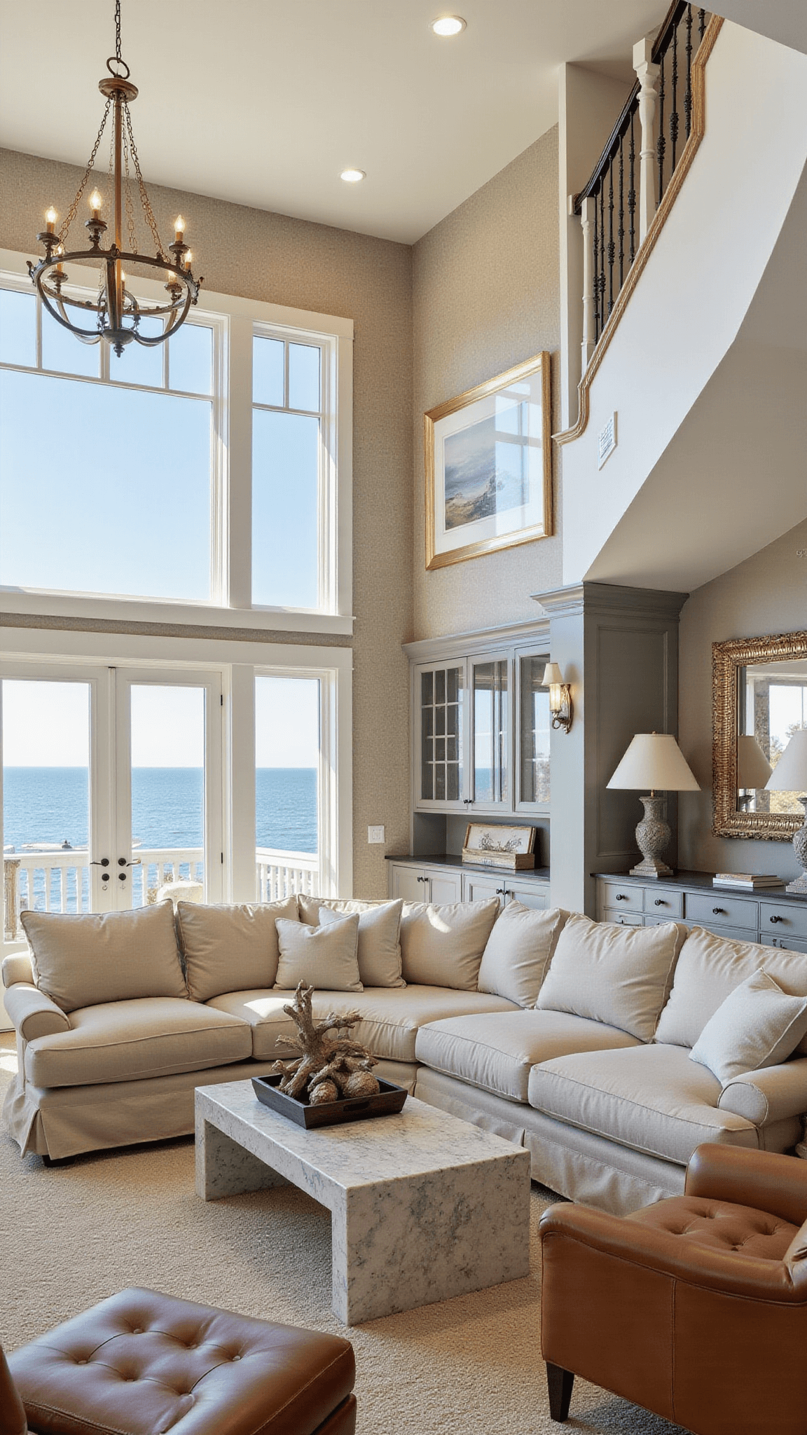 Coastal living room with double-height windows, curved staircase, oatmeal linen sectional, cognac leather chairs, marble coffee table with driftwood sculpture, soft gray built-ins, vintage brass chandelier, and natural fiber wallcovering.