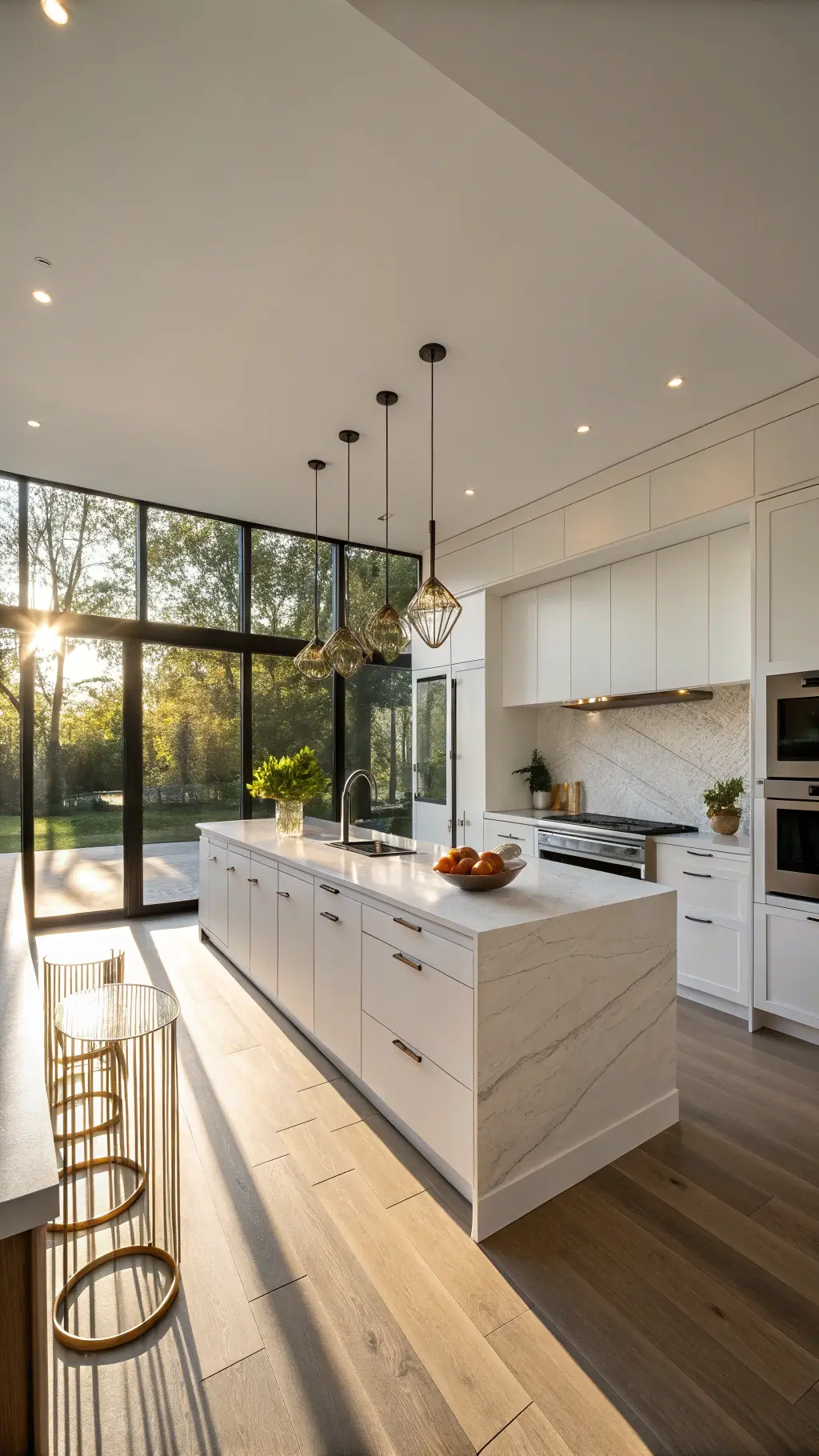 Modern 12x15ft kitchen at golden hour with white handleless cabinets, black island with white quartz waterfall countertop, brass pendant lights, and natural sunlight streaming through floor-length windows.