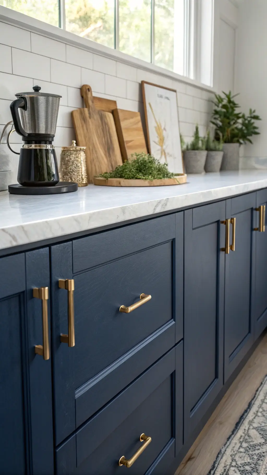 Close-up of navy blue modern kitchen cabinets with integrated handles, brass hardware glinting in soft morning light, styled with a black coffee maker, wooden cutting boards, and potted herbs against a white marble backsplash.