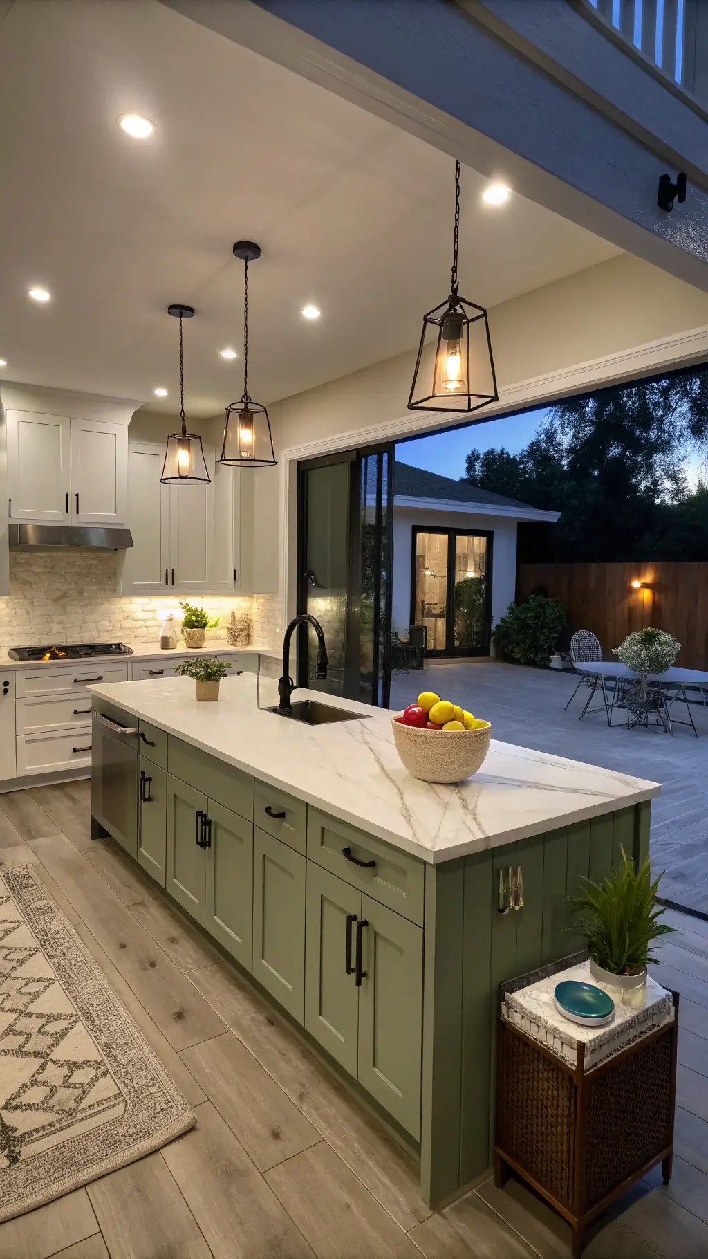 L-shaped kitchen with sage green lower cabinets and warm white uppers, marble island centerpiece, ambient pendant and under-cabinet lighting, matte black hardware, and contemporary organic styling.