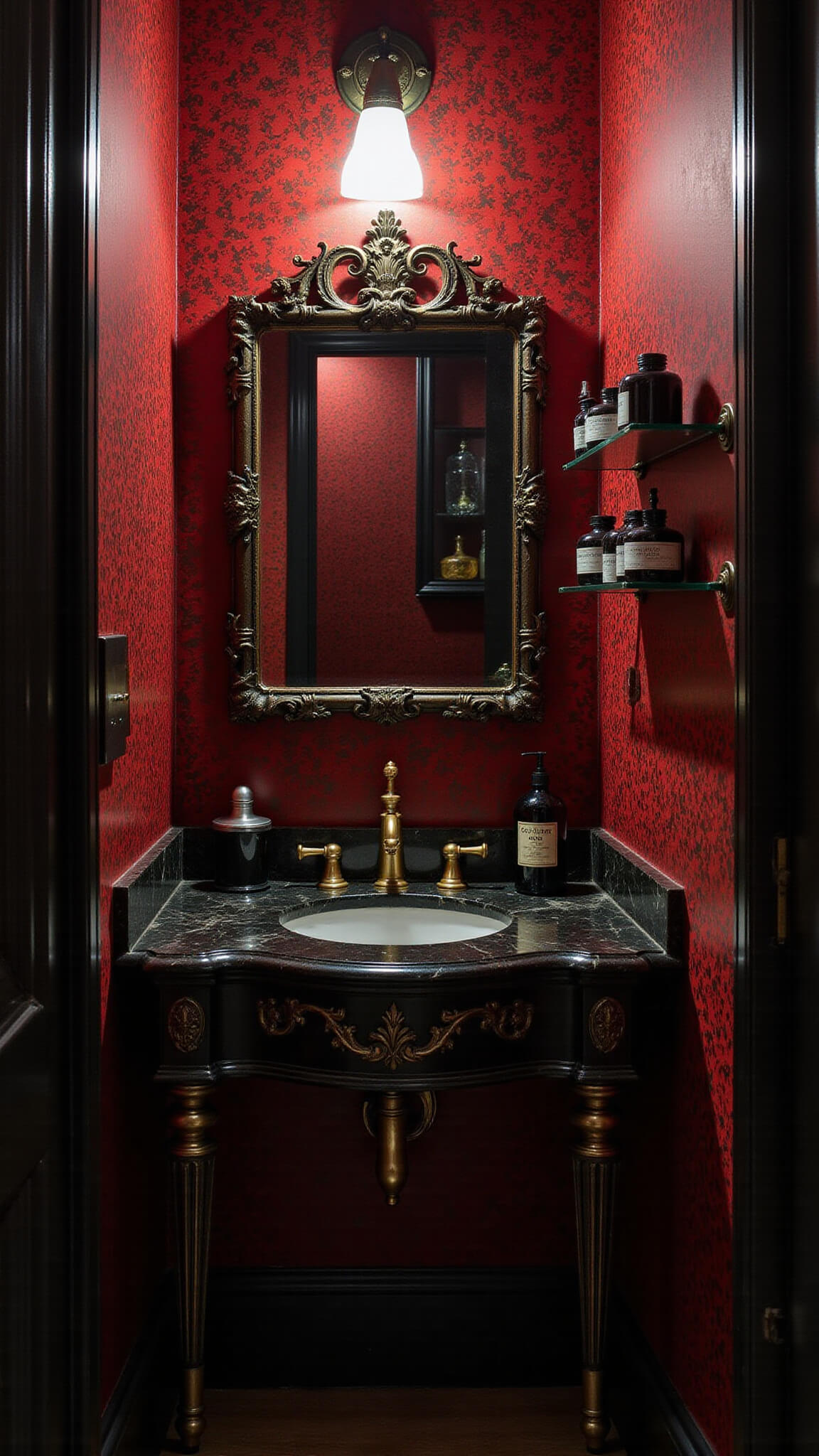 Gothic powder room with black marble vanity, aged brass fixtures, skull soap dispenser, and blood-red damask wallpaper, lit by dramatic side lighting.