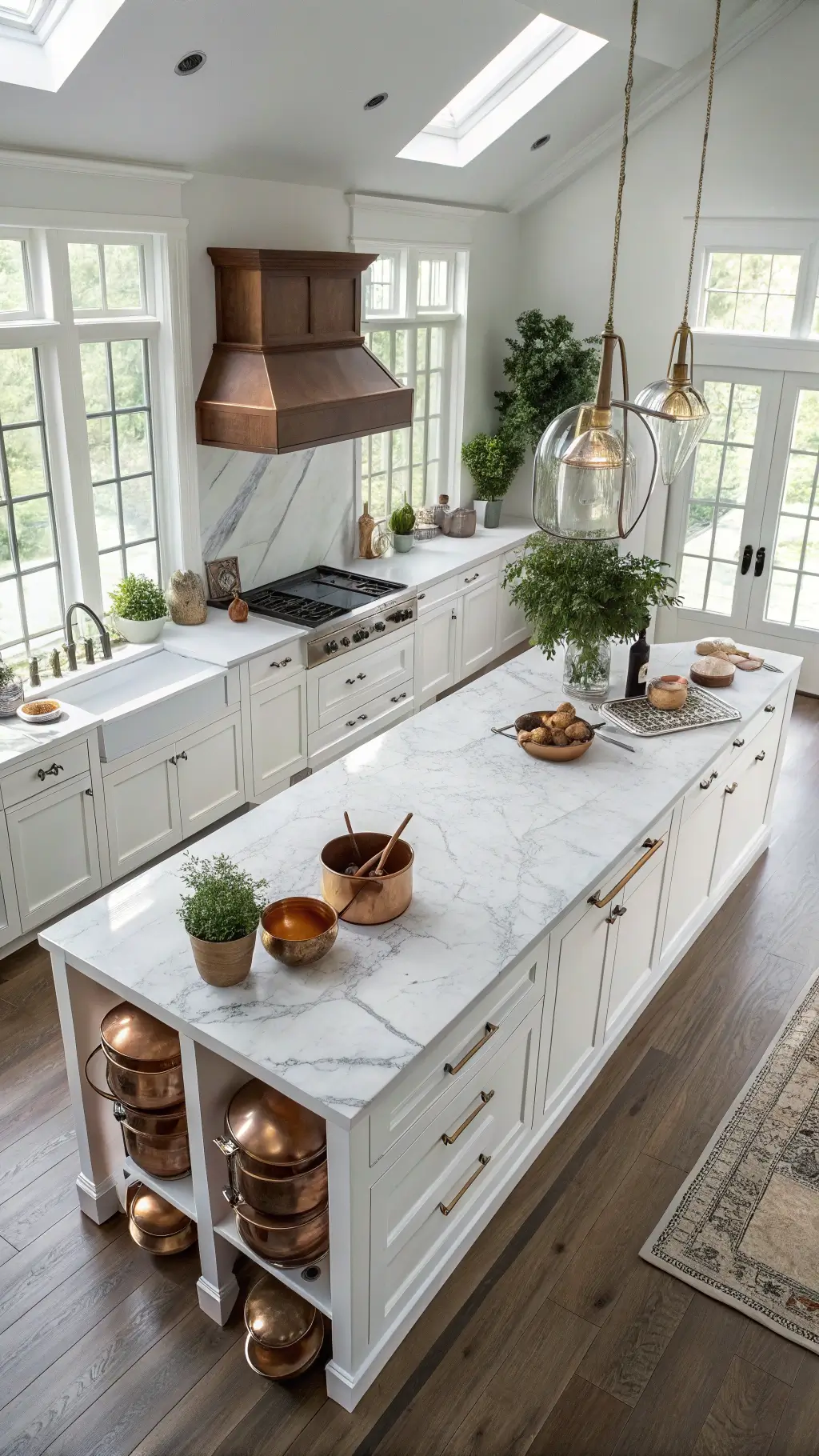 Overhead view of minimalist kitchen island with dark oak base and honed marble waterfall countertop, styled with copper cookware, white ceramics, and fresh herbs in terracotta pots, lit by natural morning light.