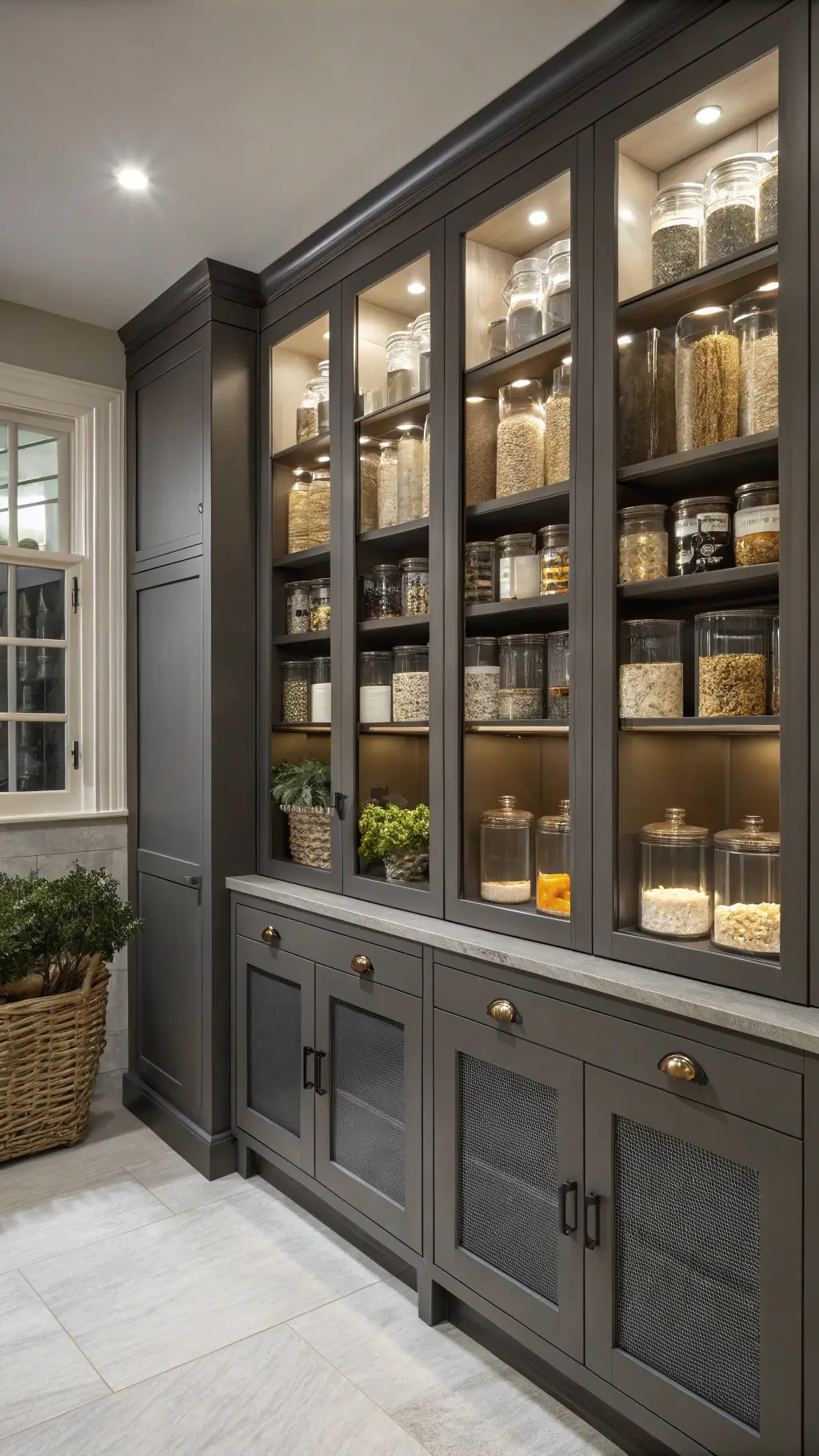 Modern evening kitchen with matte charcoal pantry wall, illuminated glass-front cabinets displaying organized dry goods, metallic accents, and subtle greenery.