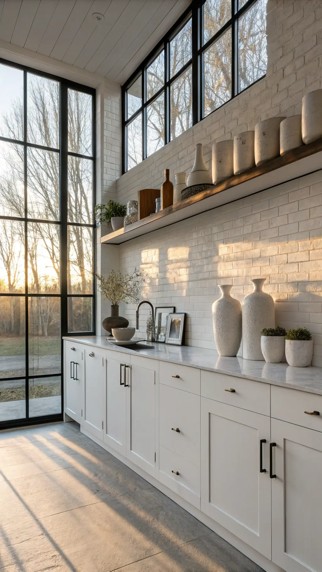 Modern minimalist kitchen with white shaker cabinets, matte ceramic decor, and morning light casting shadows on textured white walls.