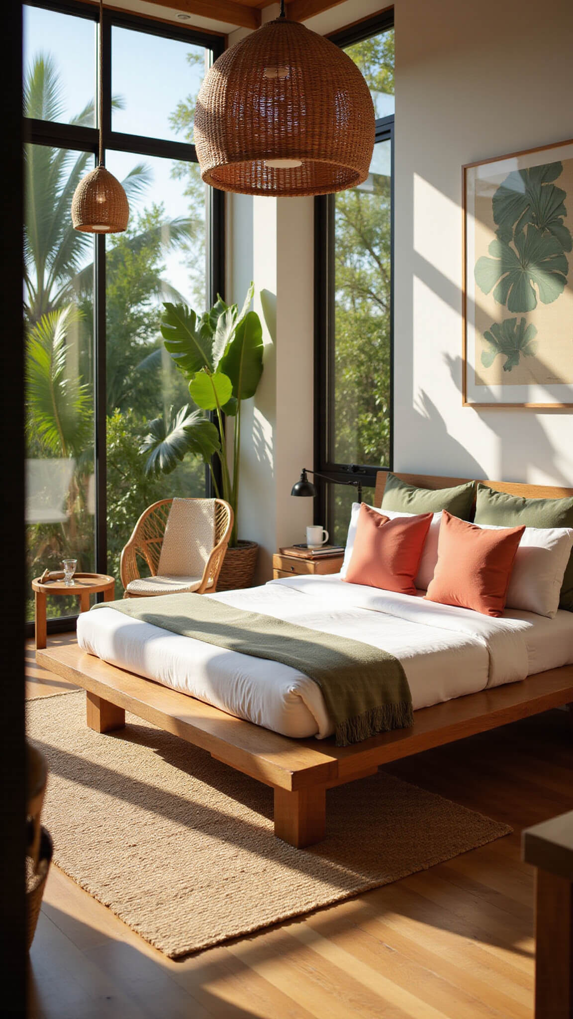 Sunlit tropical bedroom with teak platform bed, white linens, sage and coral pillows, large leafy plants, rattan pendant lights, bamboo chair with macramé throw, and jute rug on wooden floor.