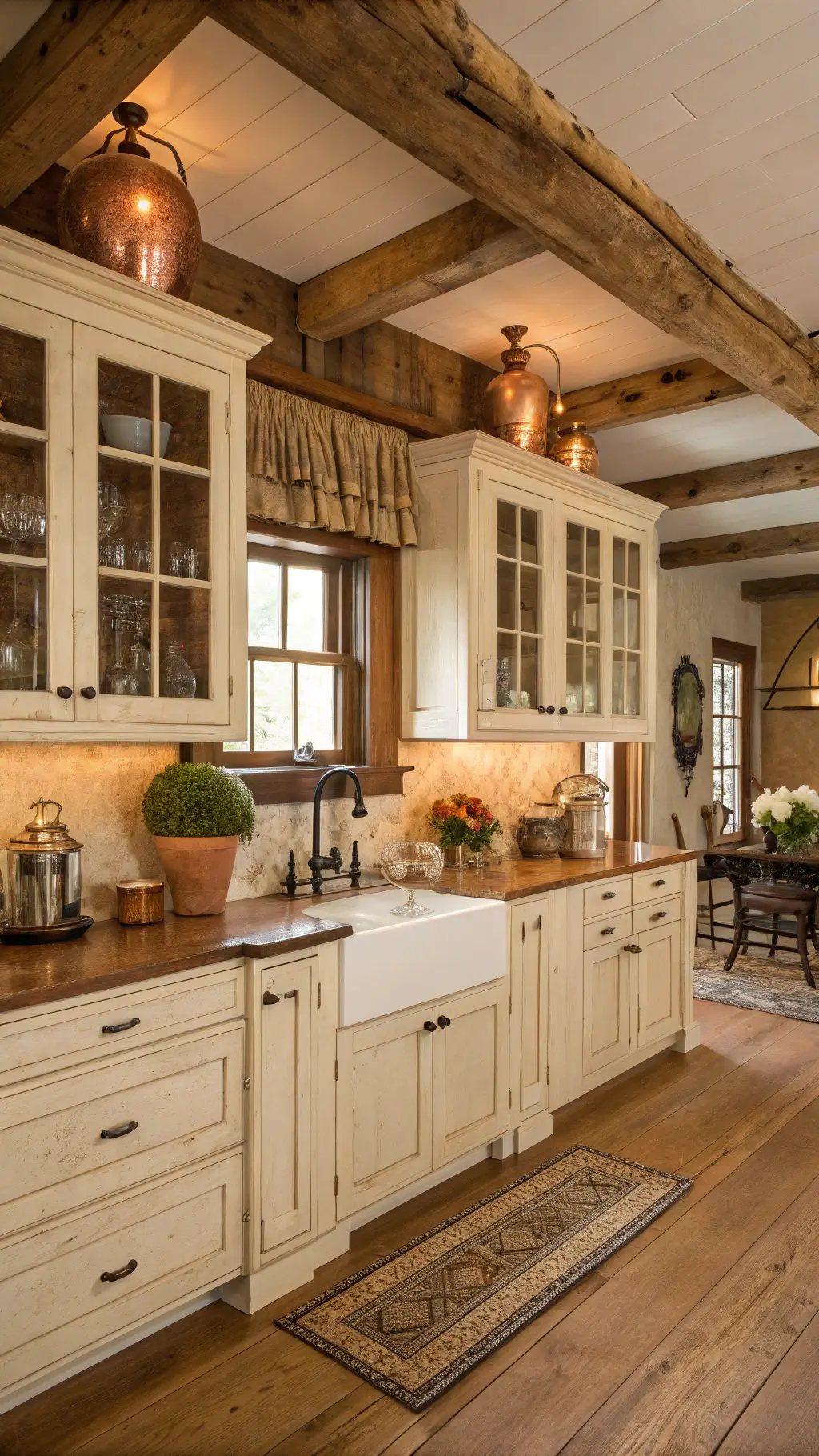 Warmly lit country kitchen with cream distressed cabinets, rustic wood beams, vintage copper decor, and dried hydrangeas.