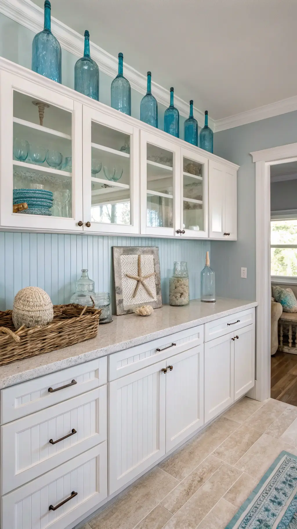 Coastal-style kitchen with white beadboard cabinets, pale blue walls, and nautical decor like blue glass bottles and coral, lit by soft midday light.