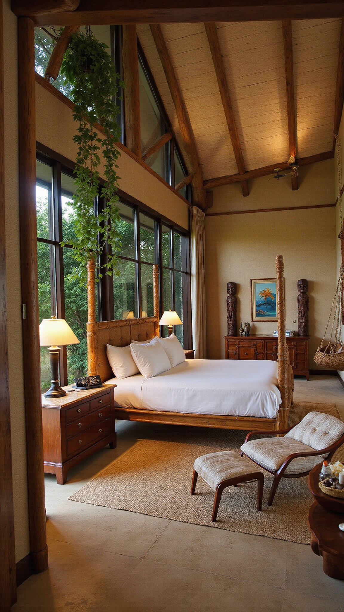 Wide-angle view of tropical master suite with bamboo four-poster bed, cascading plants, wooden totems, and shell decor at twilight.