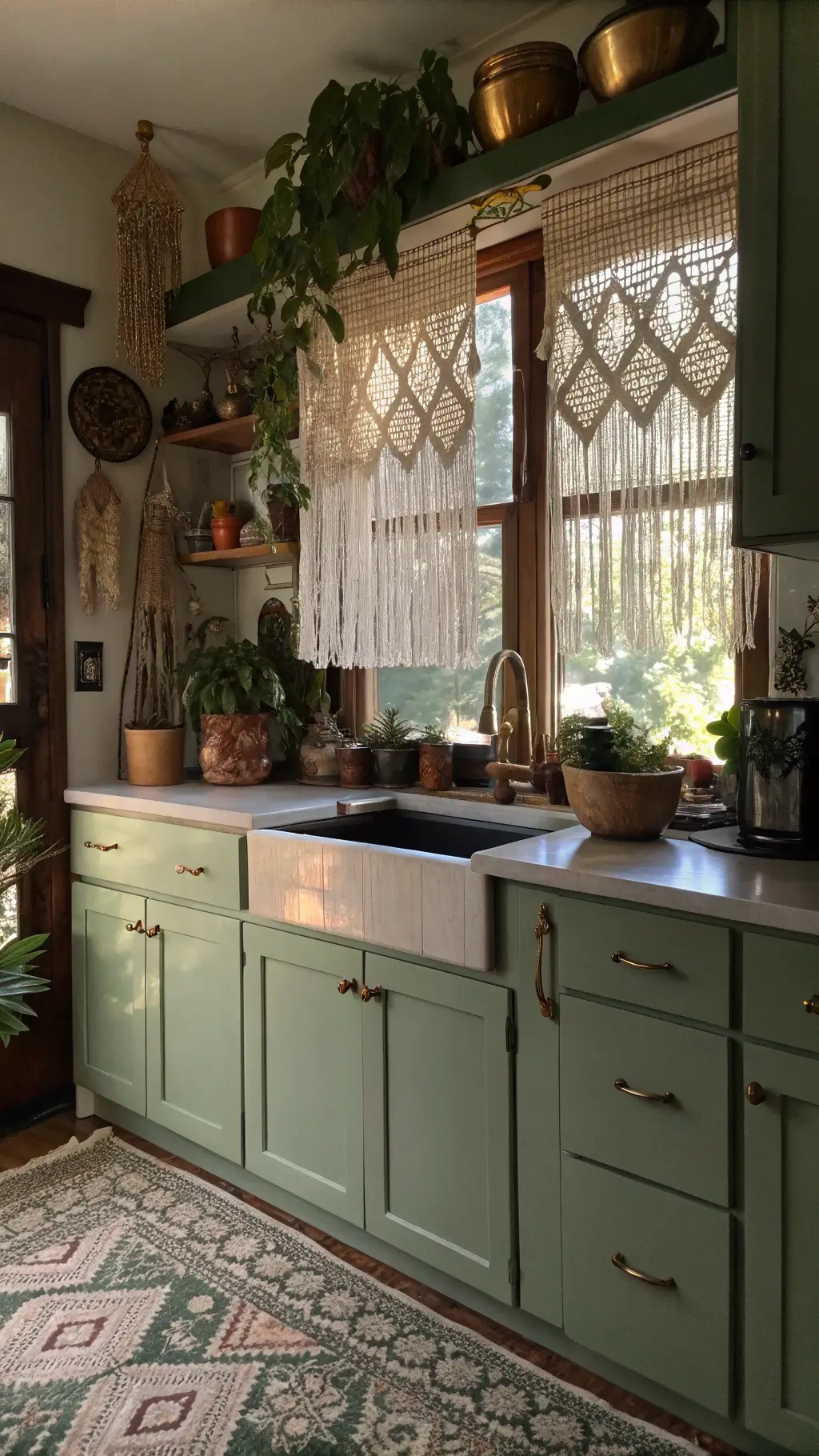 Eclectic bohemian kitchen with sage green cabinets, macramé curtains, global artifacts, brass accents, trailing plants, and warm moody lighting.