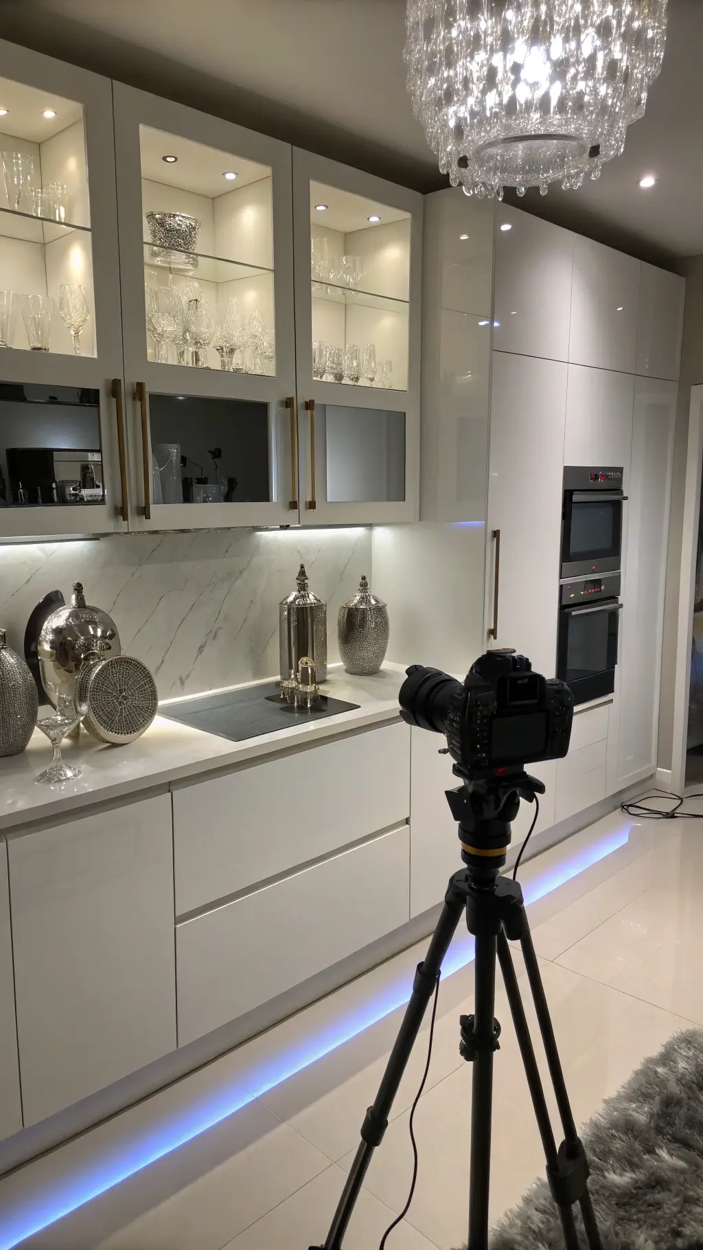 Modern kitchen with high-gloss white cabinets, metallic sculptures, and crystal accents illuminated by cool white under-cabinet LEDs, captured from a dramatic upward angle highlighting reflections and shadows.