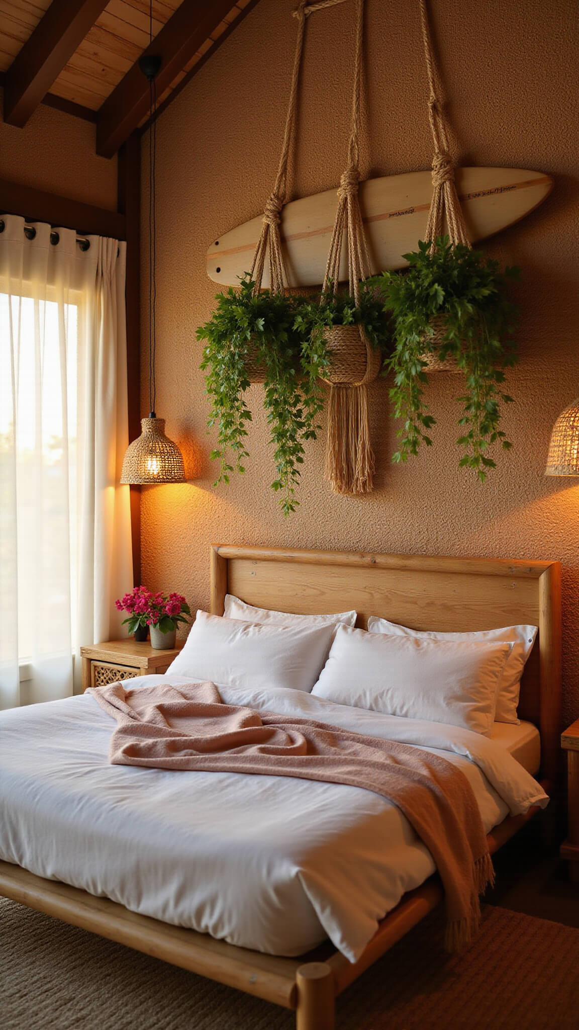 Tropical 12x12ft bedroom at sunset with bamboo bed, blush linens, hanging plants, vintage surfboard headboard, and warm rattan lighting.