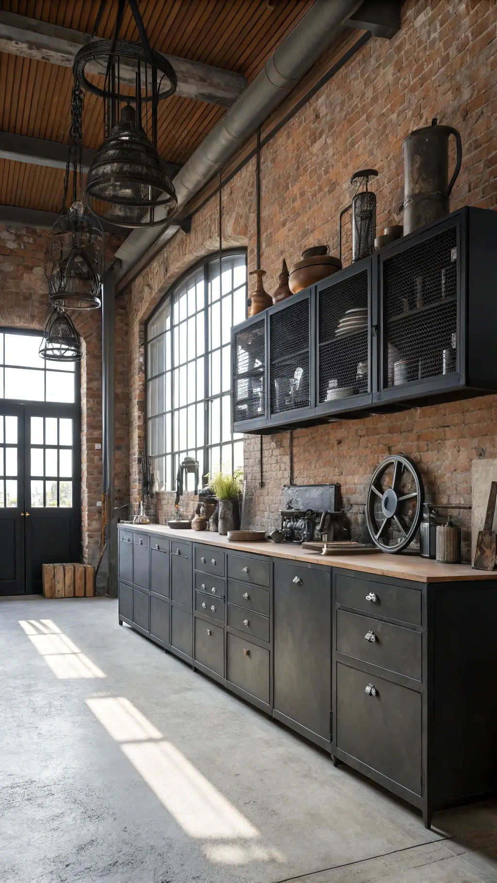 Loft kitchen with exposed brick walls, black metal cabinets, vintage industrial decor above cabinets, and dramatic shadows from factory windows.