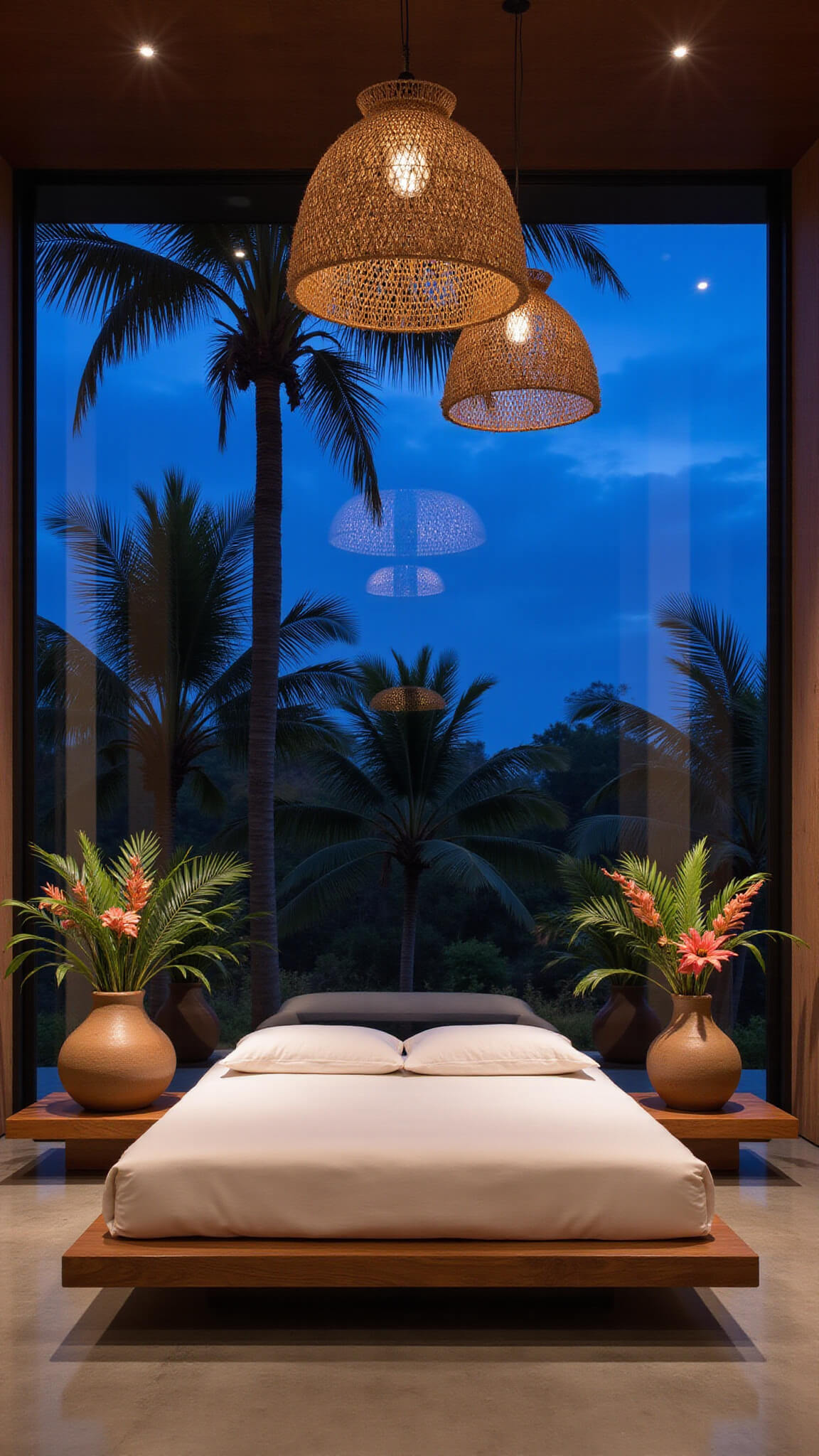 Modern tropical bedroom with floating teak bed on concrete floor, palm silhouettes through floor-to-ceiling windows, ceramic vessels with tropical plants, reed ceiling, and pendant lights at blue hour.