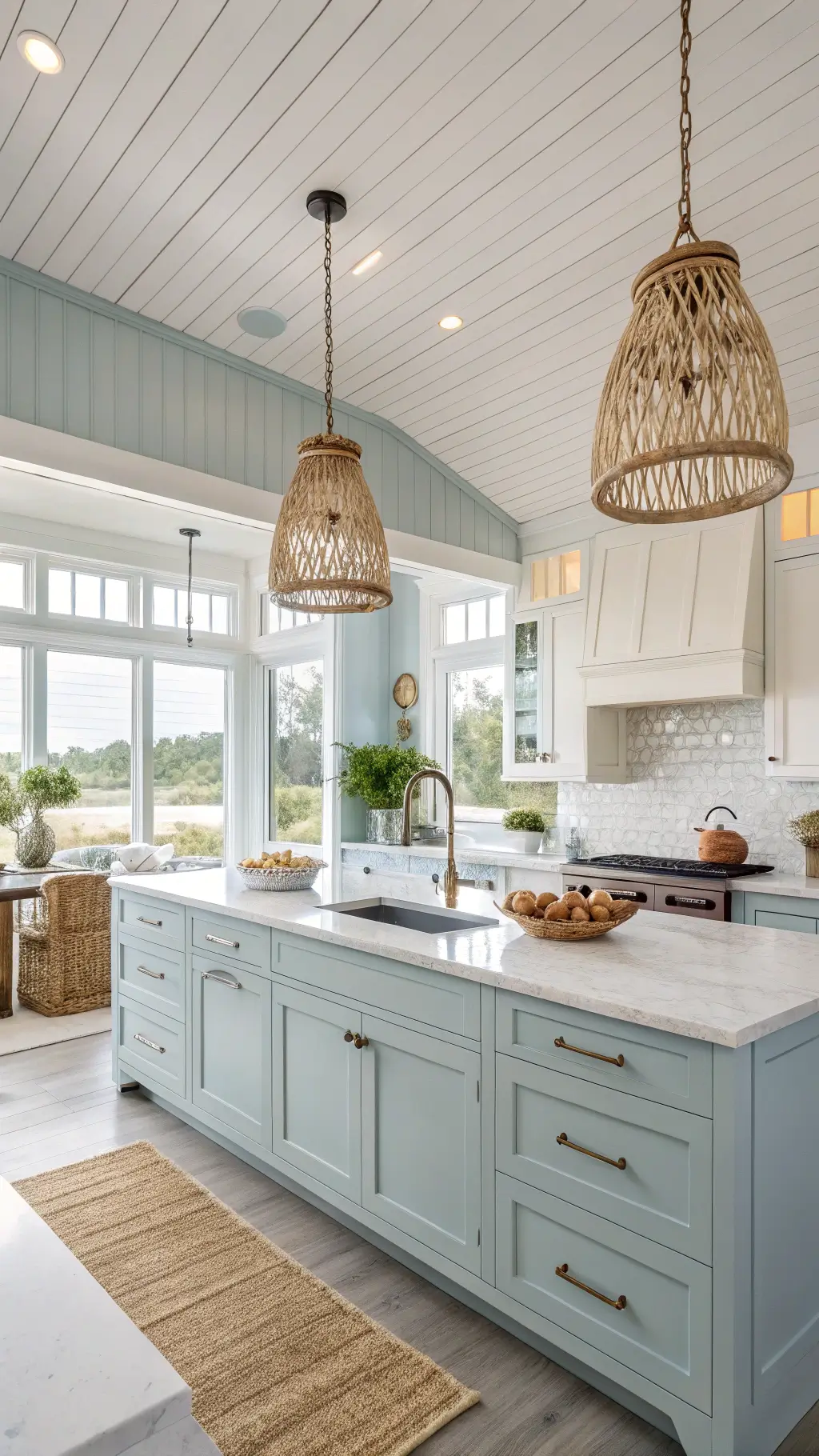 Coastal kitchen with light blue and white cabinets, shiplap ceiling, woven pendant lights, seagrass barstools, and bay windows letting in natural light.