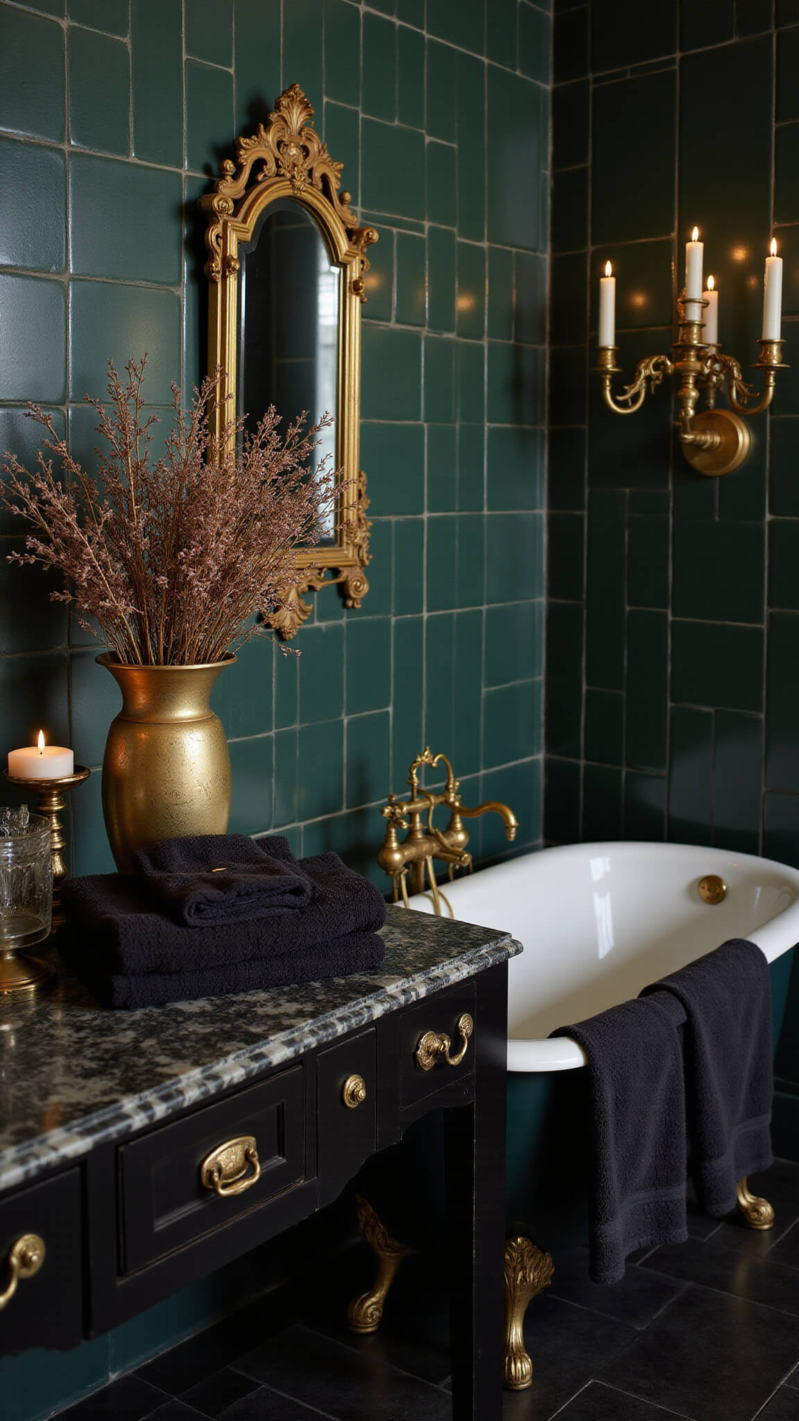 Gothic-style bathroom with clawfoot tub, vintage brass fixtures, candles, and black marble vanity with Victorian mirrors.