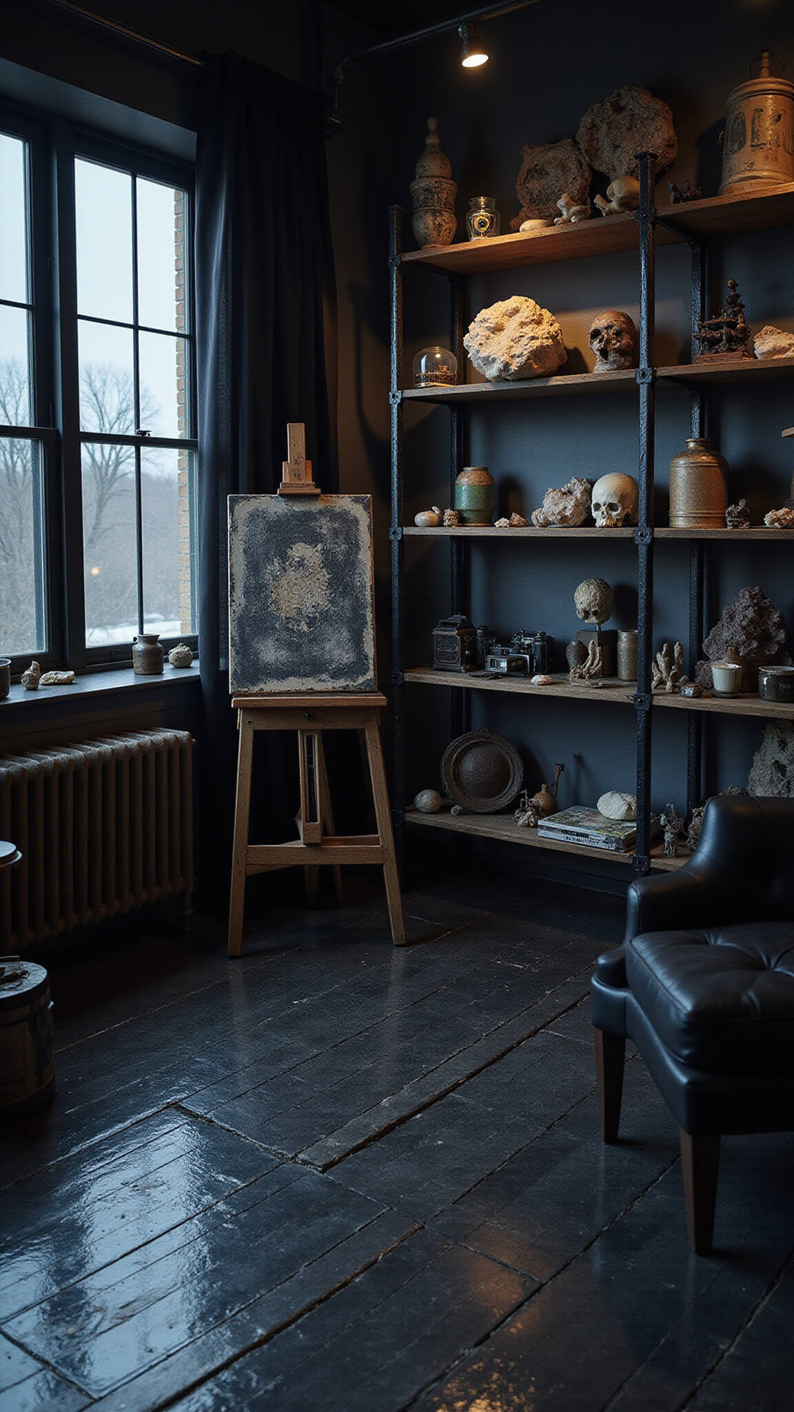 Midnight art studio with glossy black floors, abstract canvas on easel, curiosities on shelves, dramatic lighting, and surreal fish-eye perspective.