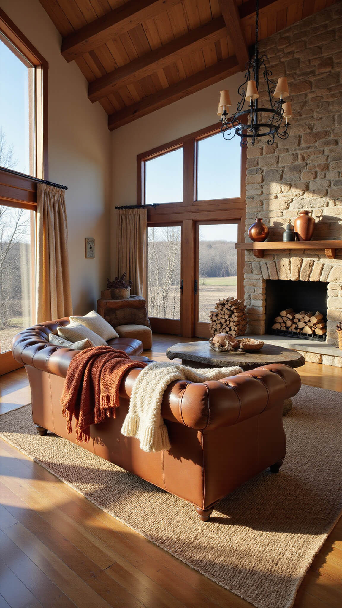 Golden hour light fills a spacious 20x24ft living room with cathedral ceiling beams, a leather Chesterfield sofa, stone fireplace, and layered rugs on reclaimed oak floors.