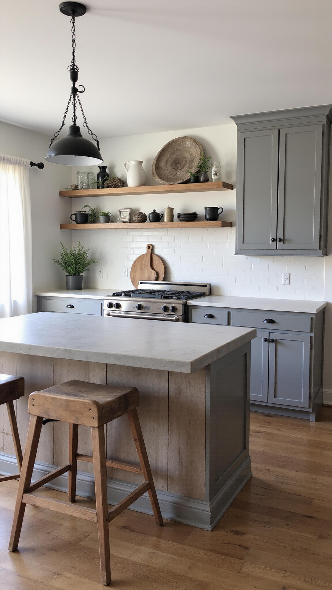 Modern rustic kitchen with weathered gray Shaker cabinets, reclaimed wood island, copper pot rack, vintage pottery, and morning light through white linen curtains.