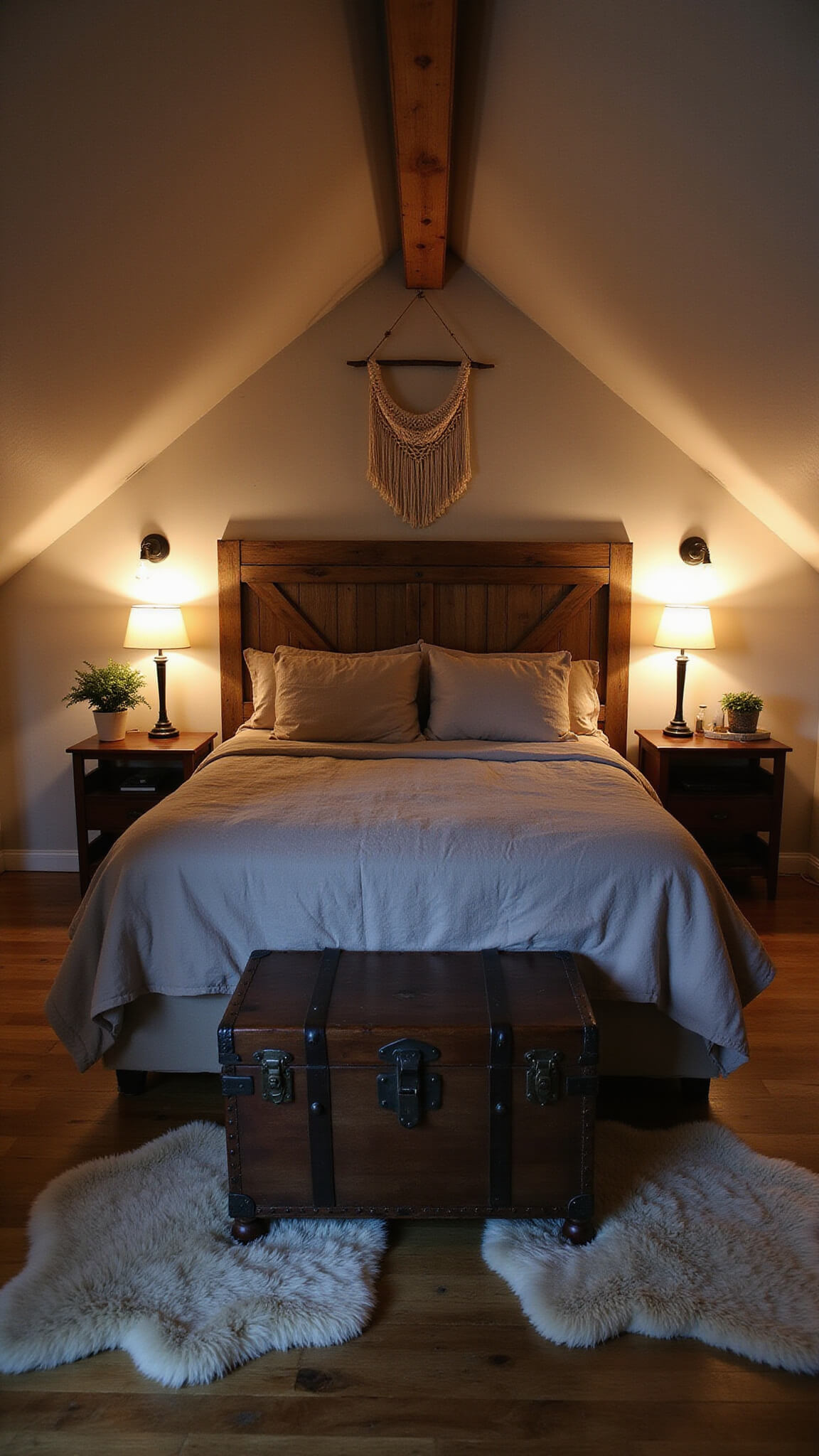 Cozy 14x16ft primary bedroom with dramatic A-frame ceiling, earth-tone linen bedding on king bed, barn door headboard, sheepskin rugs on distressed hardwood, Edison bulb sconces, and antique trunk nightstand in moody dusk lighting.