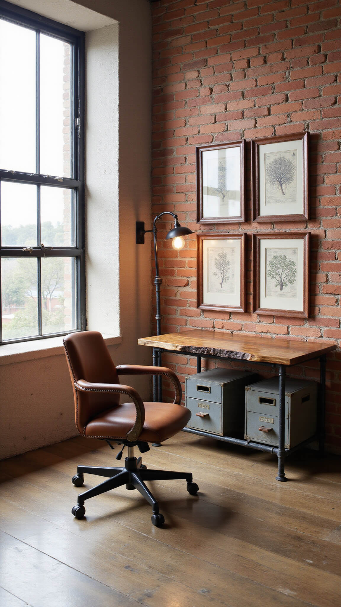 Industrial rustic home office with exposed brick wall, live-edge wood desk, leather chair, metal shelving, and vintage decor in natural mid-afternoon light from factory-style windows.