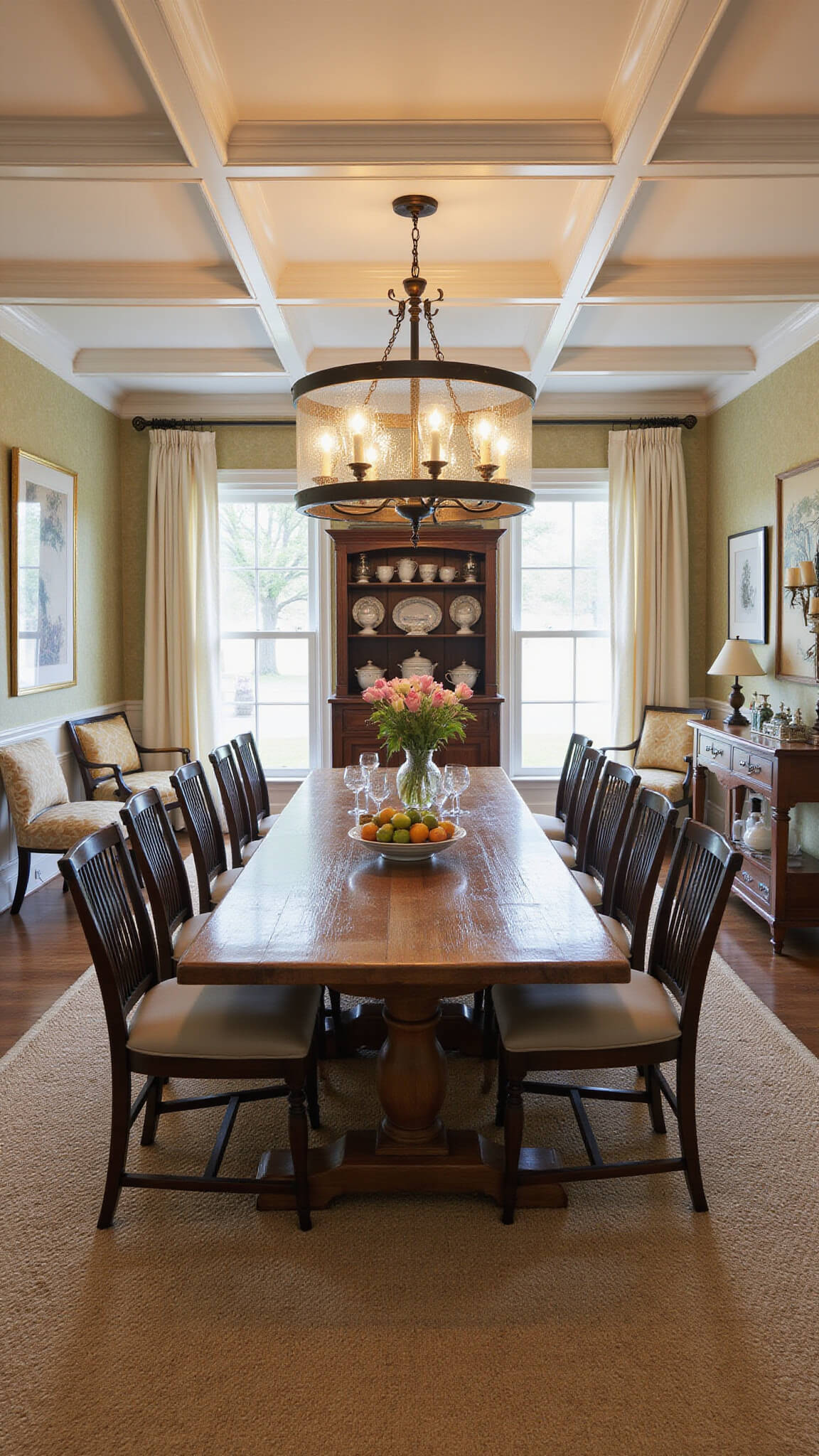 Farmhouse-style dining room with coffered ceiling, long reclaimed trestle table seating 10, mix of upholstered and Windsor chairs, candlelight accents, antique buffet with ironstone, iron and glass chandelier, woven grass wallpaper, and sisal rug.