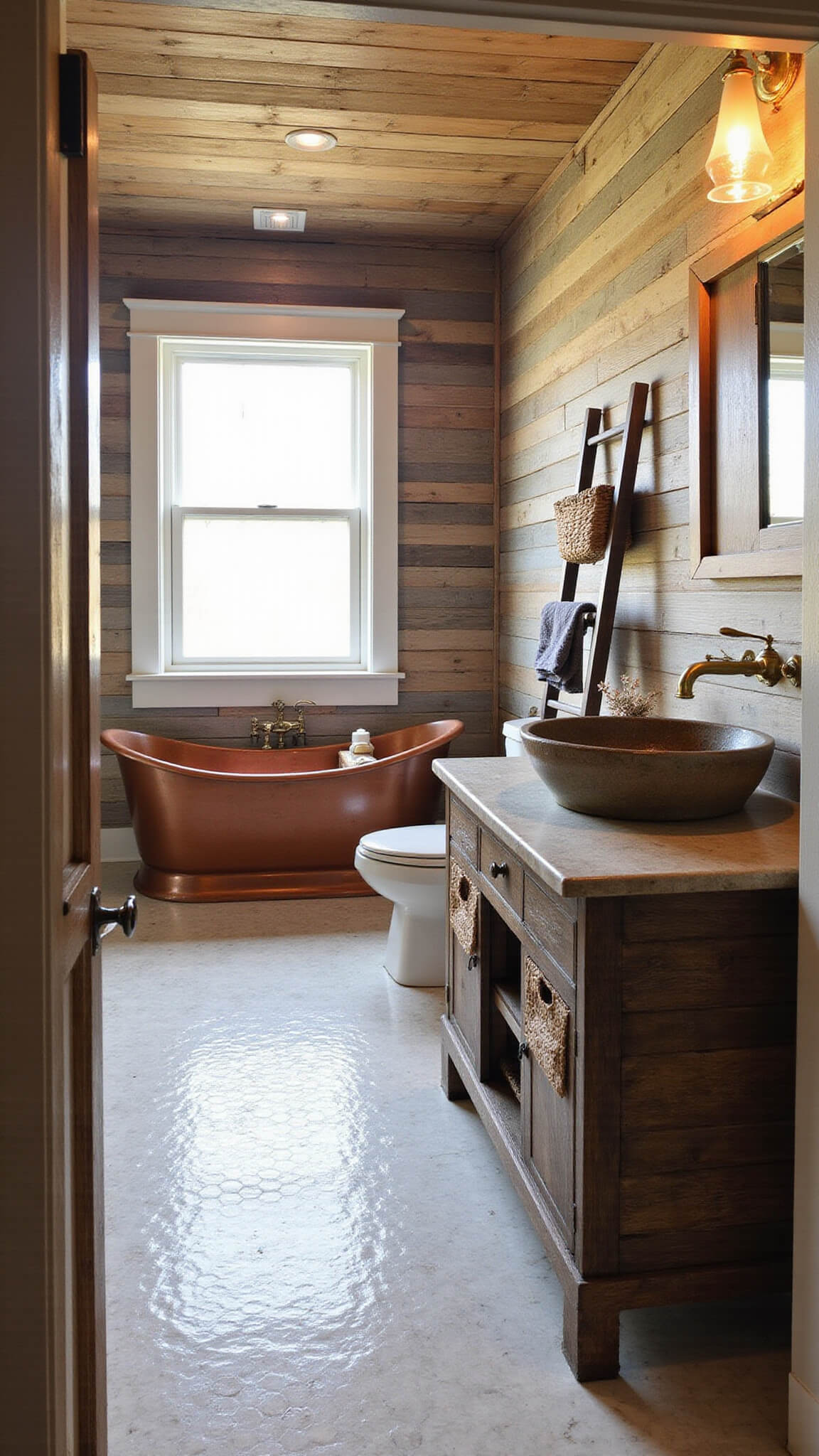 Rustic 10x12ft bathroom with copper soaking tub on marble hex tile, salvaged timber accent wall, stone vessel sink on weathered wood vanity, and soft morning light through frosted window.