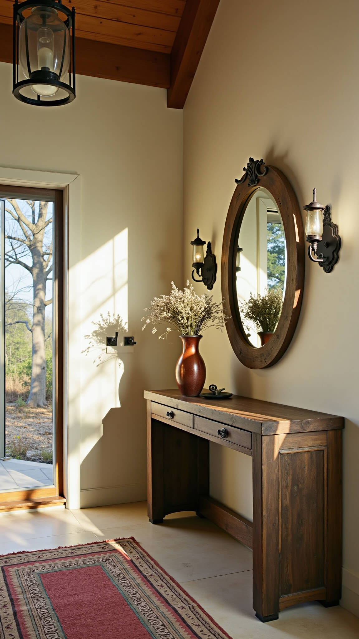 Rustic entryway with vaulted ceiling, warm afternoon light casting shadows through wrought iron lantern, reclaimed wood console with vintage mirror and copper vase of dried flowers, antique coat rack, muted red hand-knotted runner, stone floor with boot scraper, low angle view for dramatic depth.