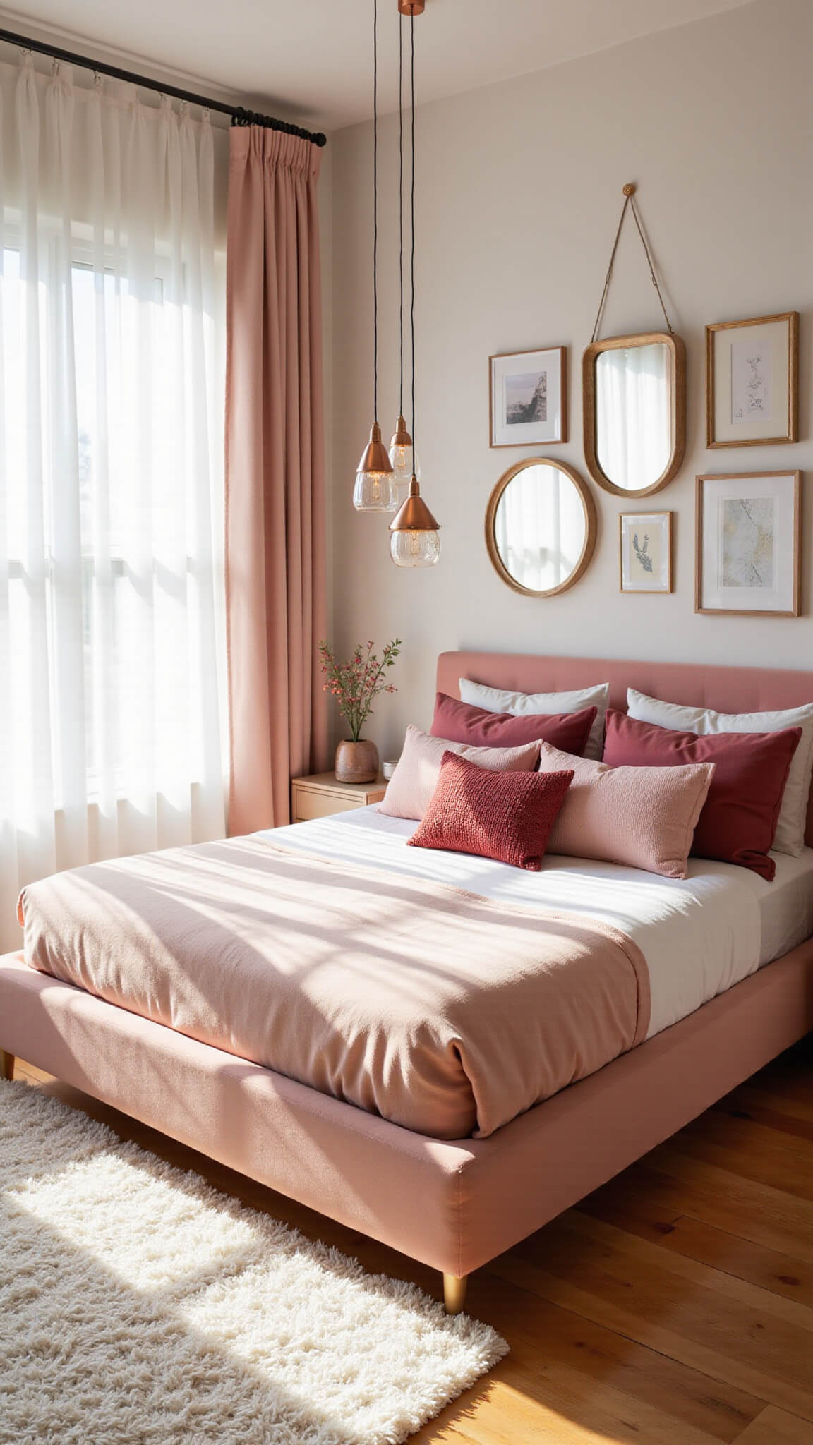 Dreamy sunlit millennial bedroom with blush velvet bed, layered pink pillows, rose gold pendant lights, and white shag rug on pale wood floors.