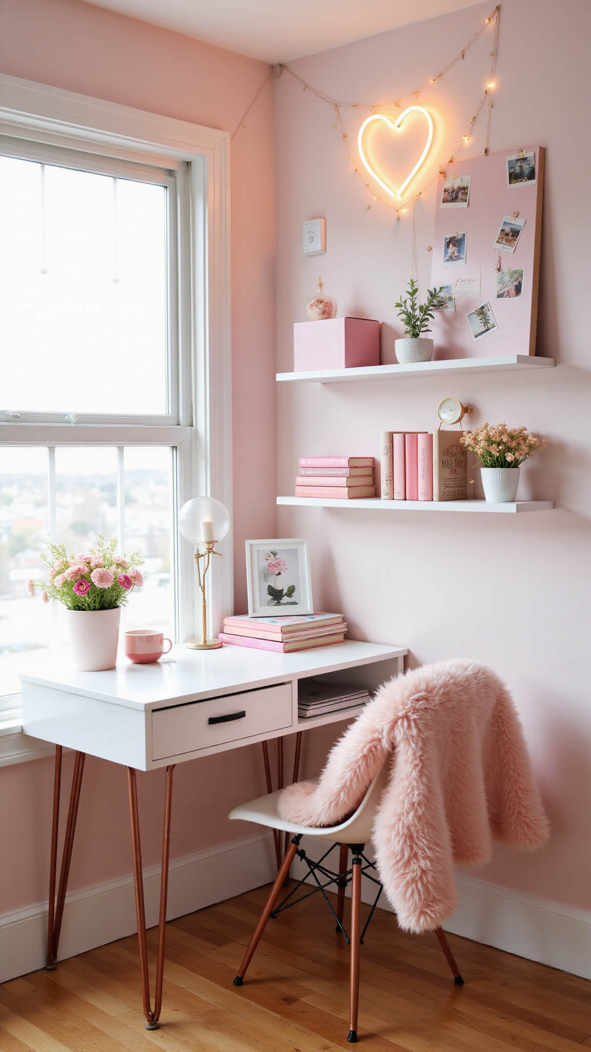Kawaii pink study nook with compact white desk under window, floating shelves of cute accessories, ghost chair with blush throw, and pastel decor lit by string lights and neon heart sign.