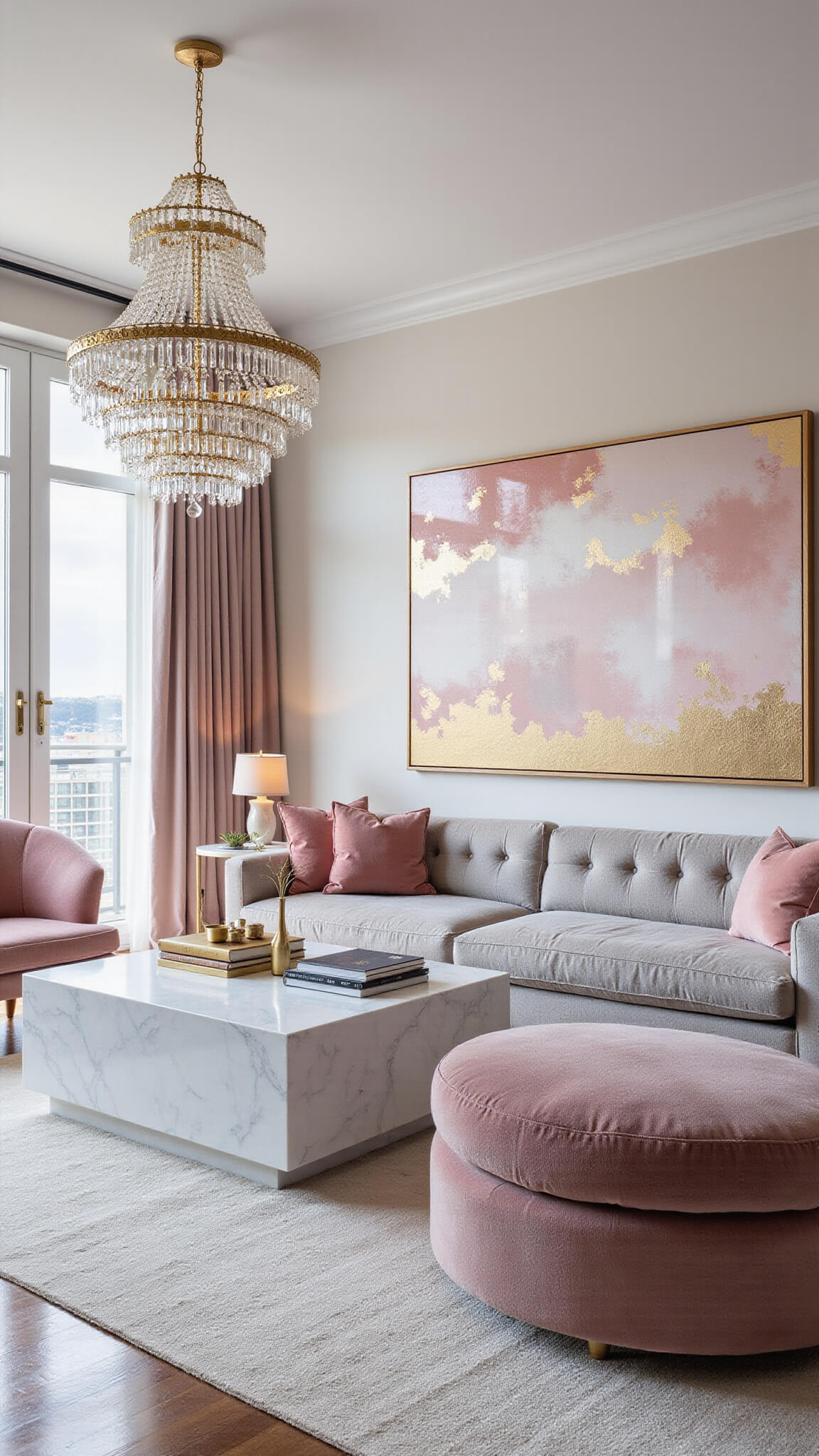 Modern glam living room with blush silk drapes, pearl grey sectional, pink velvet chairs, large abstract pink and gold artwork, crystal chandeliers, and white marble coffee table, viewed wide angle during blue hour.