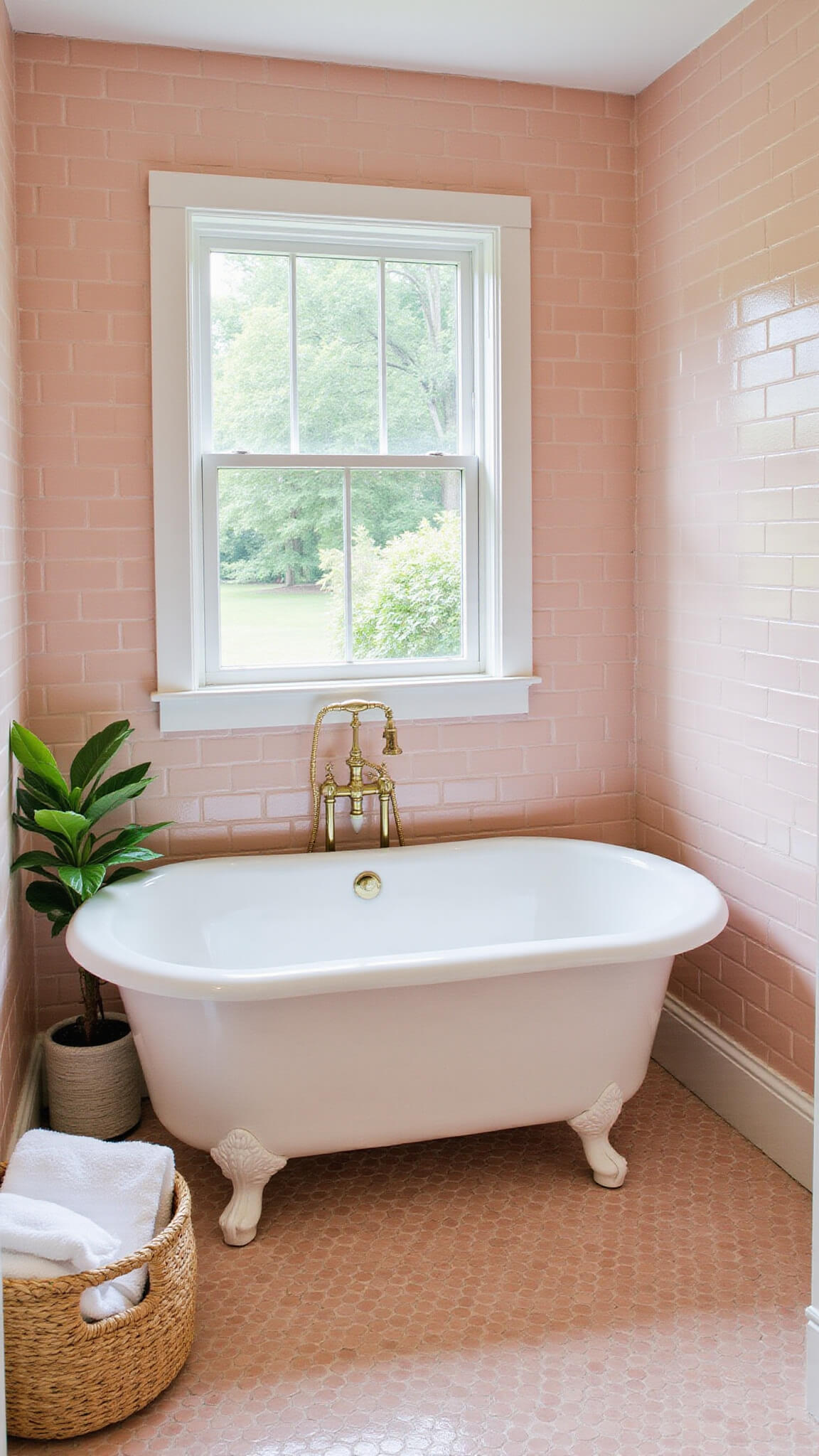 Coastal pink bathroom with freestanding tub, soft pink subway tiles, shell-pink penny tile floor, vintage brass fixtures, and seagrass baskets under natural daylight.
