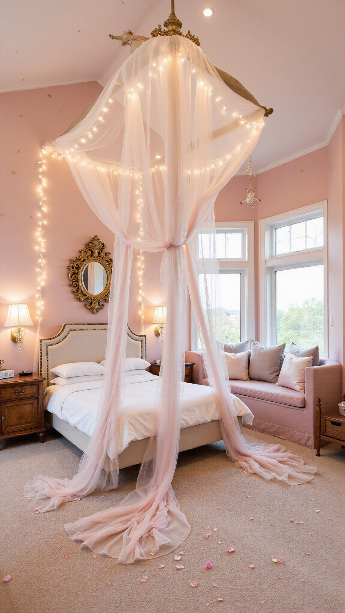 Whimsical fairycore bedroom with four-poster bed draped in tulle and twinkle lights, blush pink walls with gold stars, and vintage decor in soft focus.