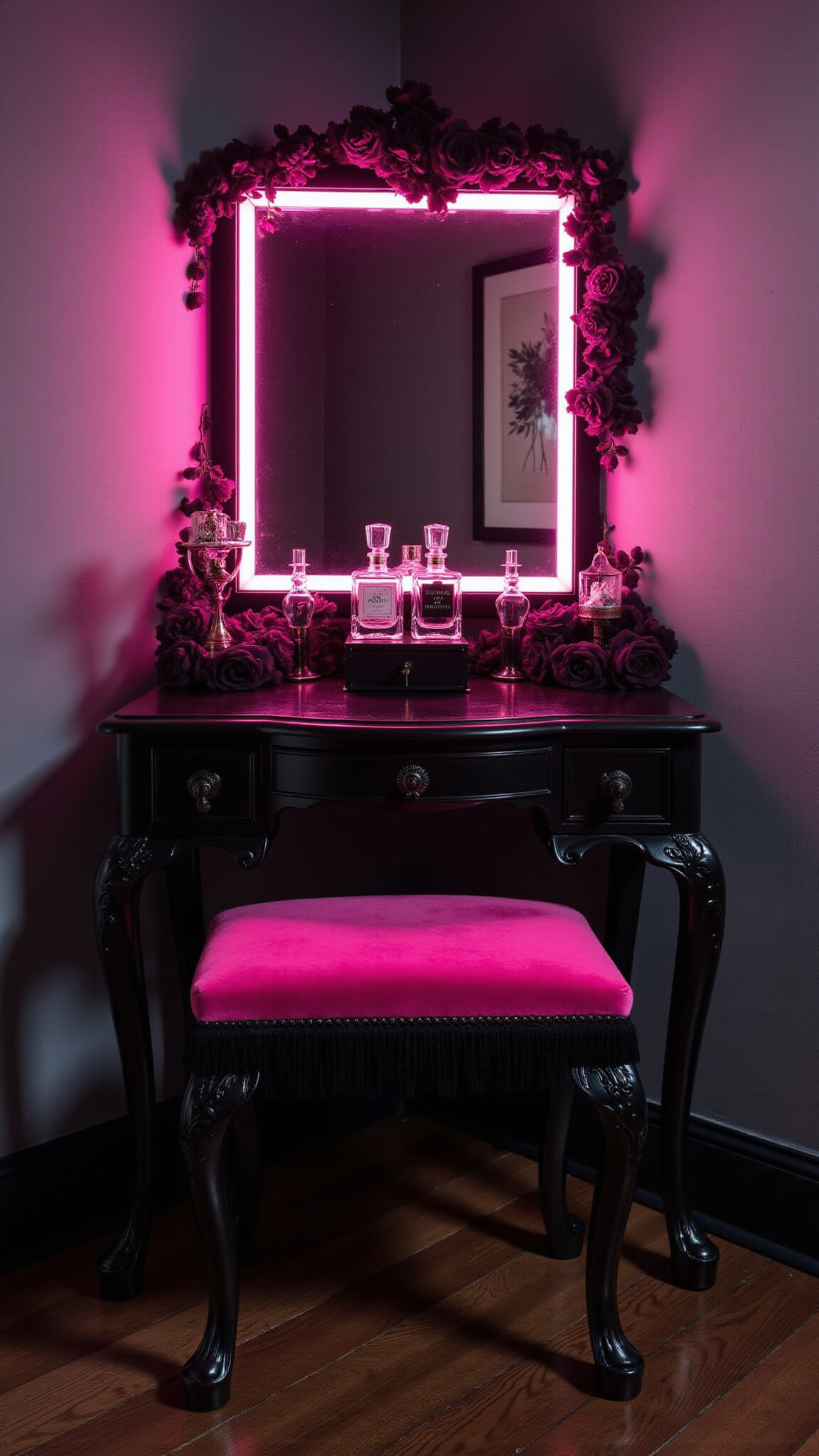 Close-up of black lacquered vanity with pink LED lighting, Victorian mirror framed by black roses, hot pink velvet stool, and crystal perfume bottles reflecting light.