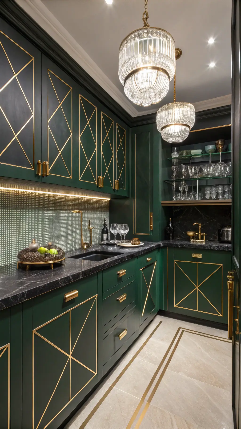 Art Deco jewel-box kitchen with emerald green cabinets, brass inlays, crystal lighting, and black marble countertops in a compact symmetrical layout.