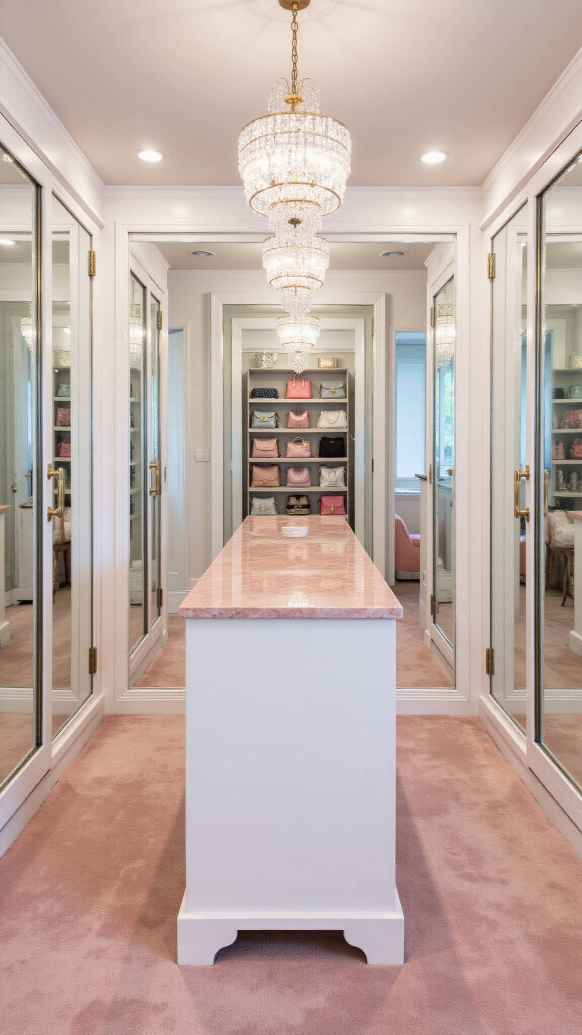 Luxury pink dressing room with custom white built-ins, rose quartz island, blush silk carpet, crystal chandelier, and designer accessories in pink tones.