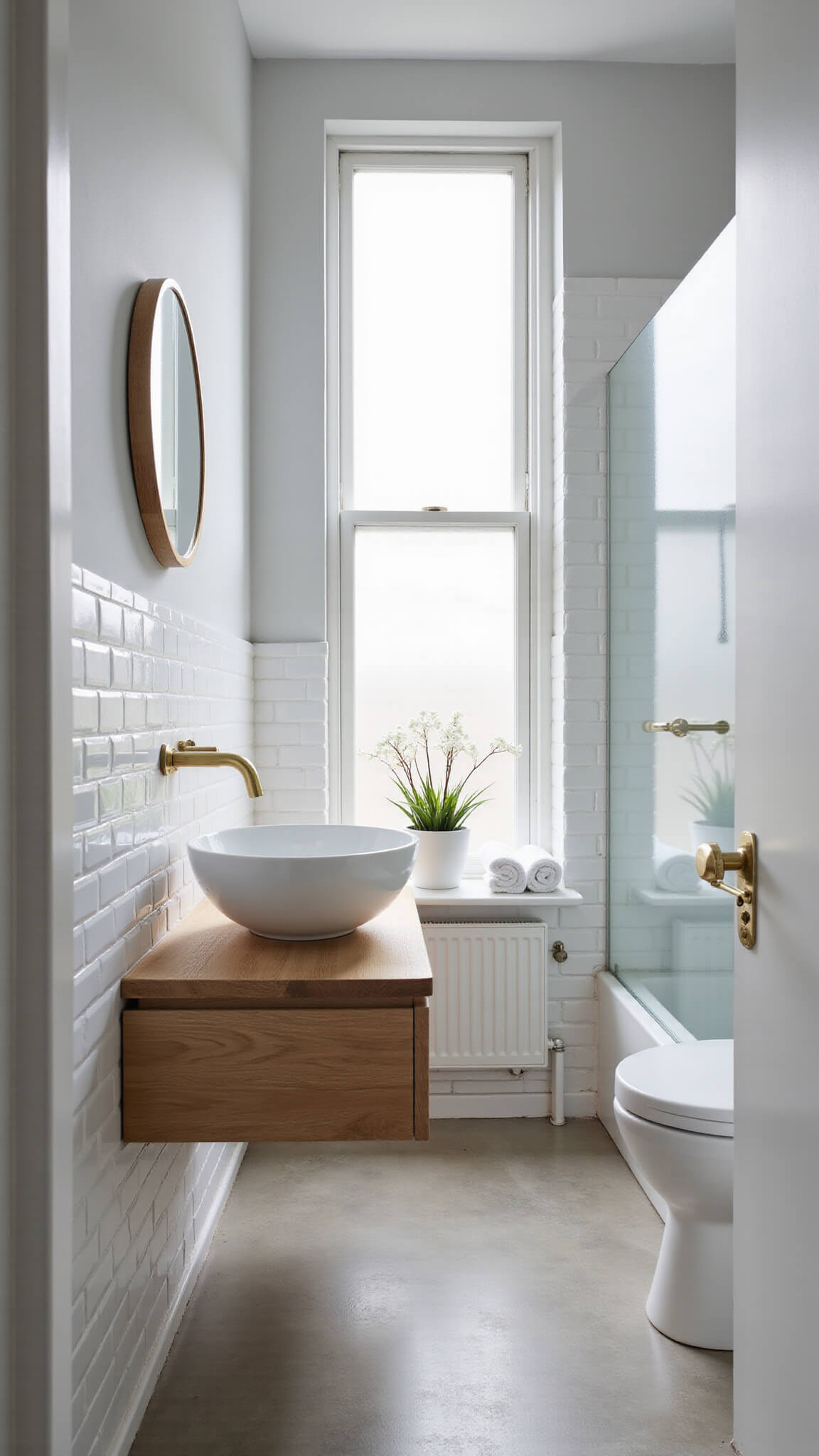 Minimalist 5x8 bathroom with white subway tiles, floating bleached oak vanity, vessel sink, brass accents, and morning light through frosted window.