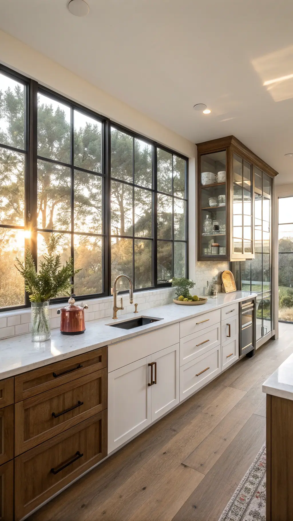 Modern sunlit kitchen with floor-to-ceiling windows, quartz countertops, walnut cabinets, and glass-front uppers displaying white ceramics and brass accents.