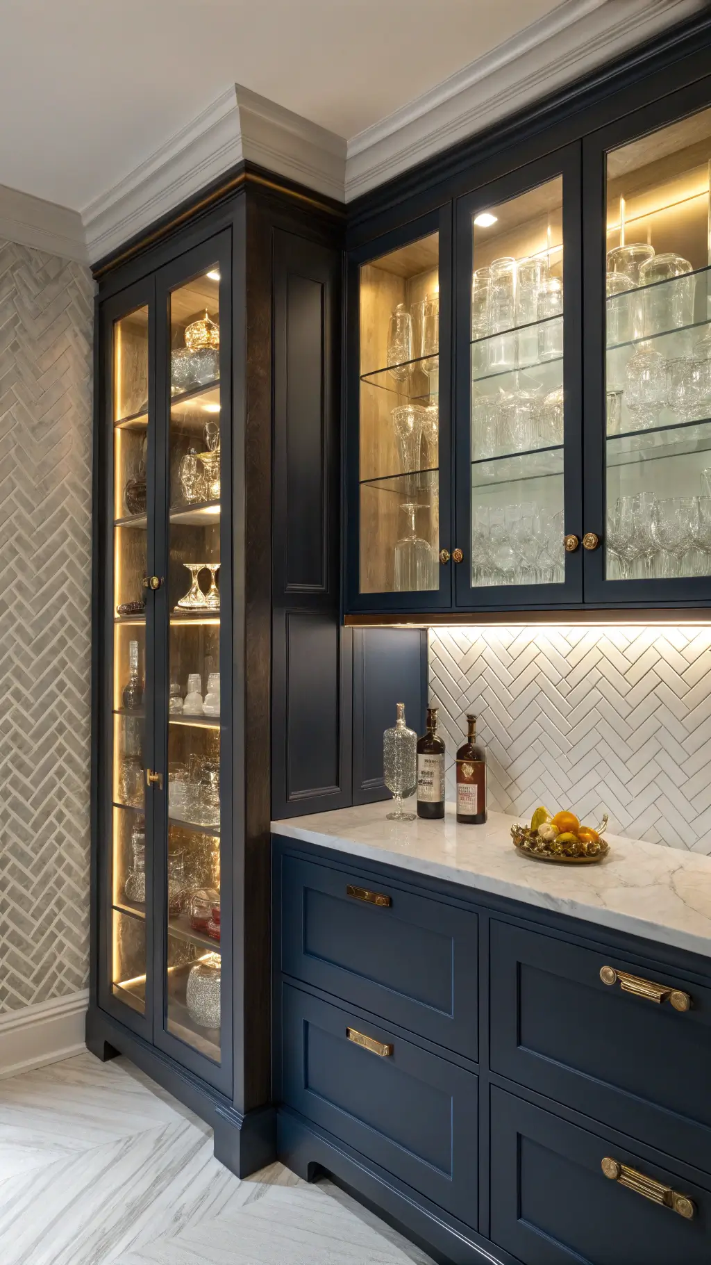 Low-angle view of an elegant kitchen corner at blue hour with a floor-to-ceiling glass cabinet lit by warm LED lights, showcasing vintage crystal glassware and artisanal pottery against navy interiors and grasscloth wallpaper.