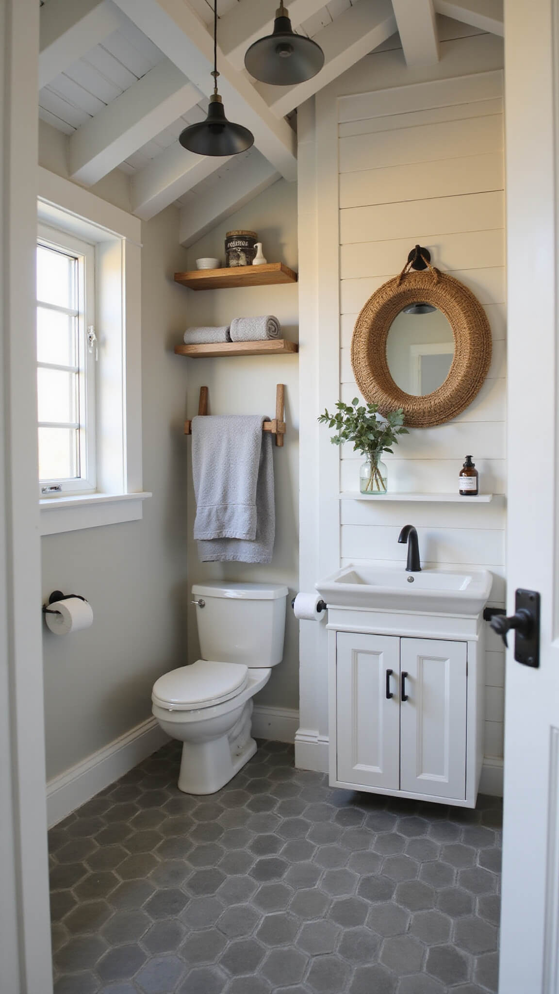 Scandinavian-style powder room with vaulted ceiling, white beams, shiplap wall, wall-mounted sink, rattan mirror, ladder shelf with grey linens and eucalyptus, cement-look hex tile floor, warm golden hour lighting.