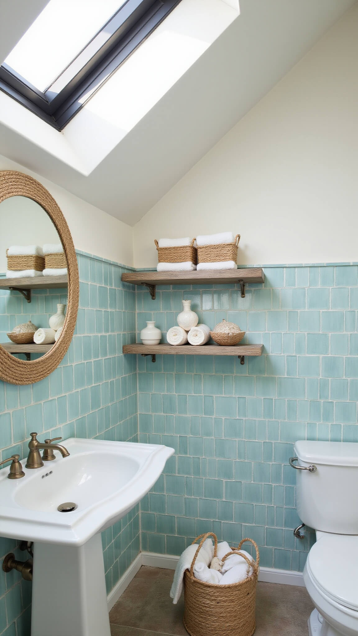 Coastal-themed bathroom with sea glass tile backsplash, pedestal sink, rope mirror, and skylight lighting airy decor.