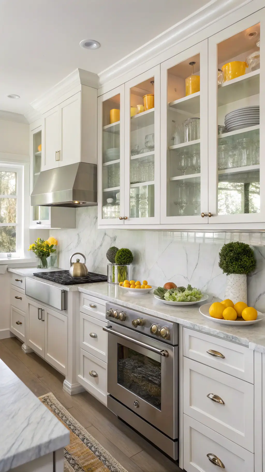 Bright, symmetrical morning kitchen with frosted glass cabinets, white dinnerware, brushed nickel hardware, stainless appliances, marble backsplash, and accents of citrus and herbs.