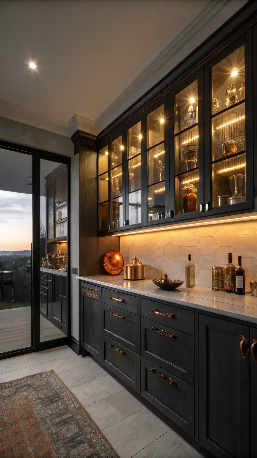 Dramatic dusk L-shaped kitchen with illuminated glass corner cabinets, copper cookware, amber glass accents, and matte black framing, highlighted by recessed lighting and atmospheric haze.