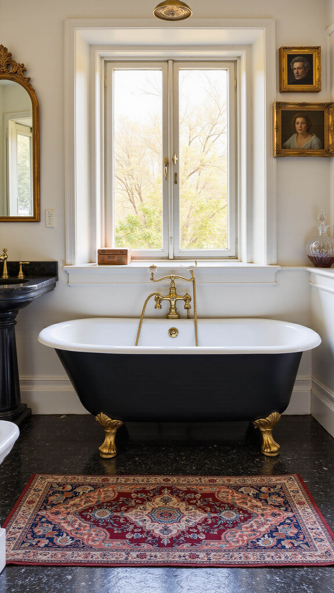 Vintage-inspired 6x8ft bathroom with 1920s black and white penny tile floor, matte black clawfoot tub, brass fixtures, Persian runner, antique mirror, vintage art in gilded frames, and marble shelf with crystal decanters, lit by golden hour light through privacy glass.
